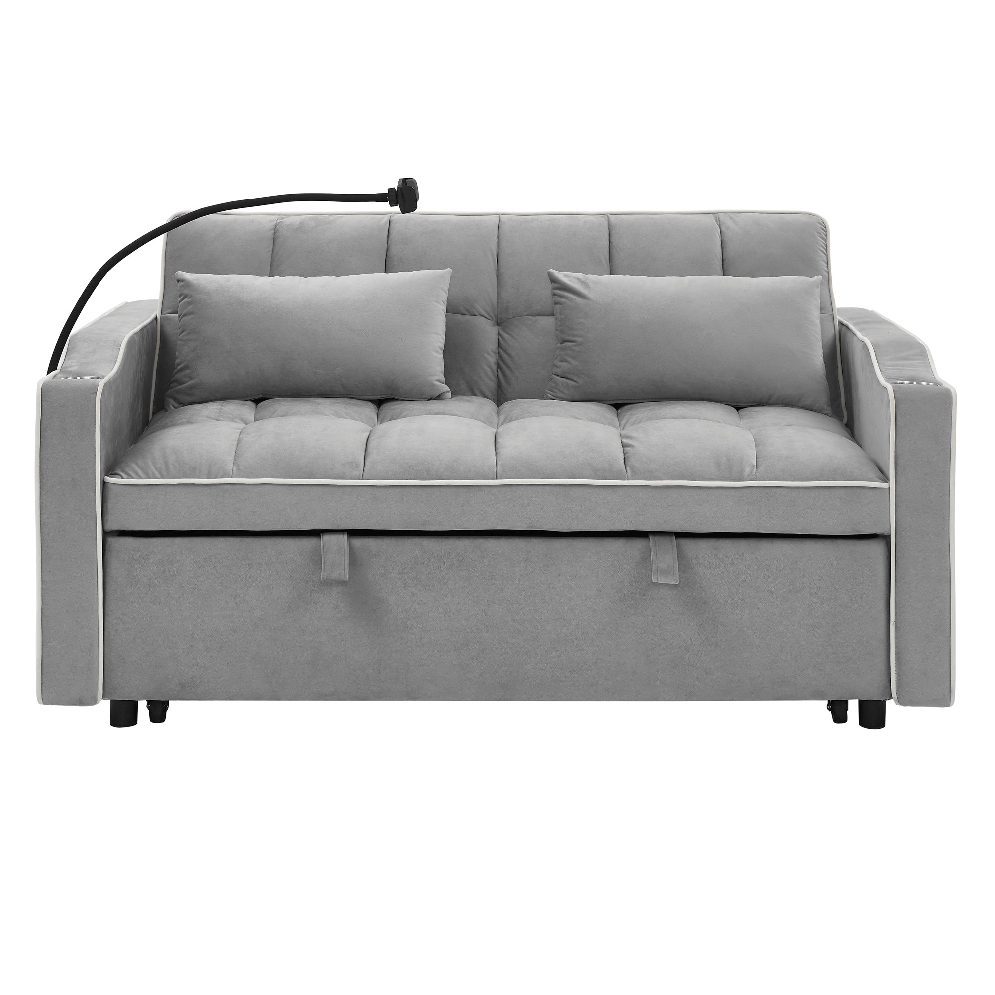 55.51 inch versatile foldable sofa bed in 3 lengths, modern sofa sofa sofa velvet pull-out bed, adjustable back and with USB port and ashtray and swivel phone stand (Grey) - Grand Goldman Shop