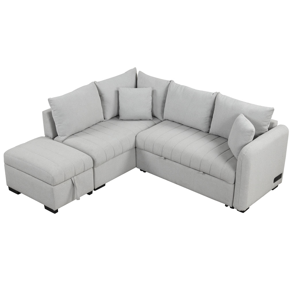 Modern L-shaped Sectional Pull Out Sofa Bed with USB Ports & Storage Ottoman, Gray Jacquard Fabric, 82.6' - Grand Goldman Shop