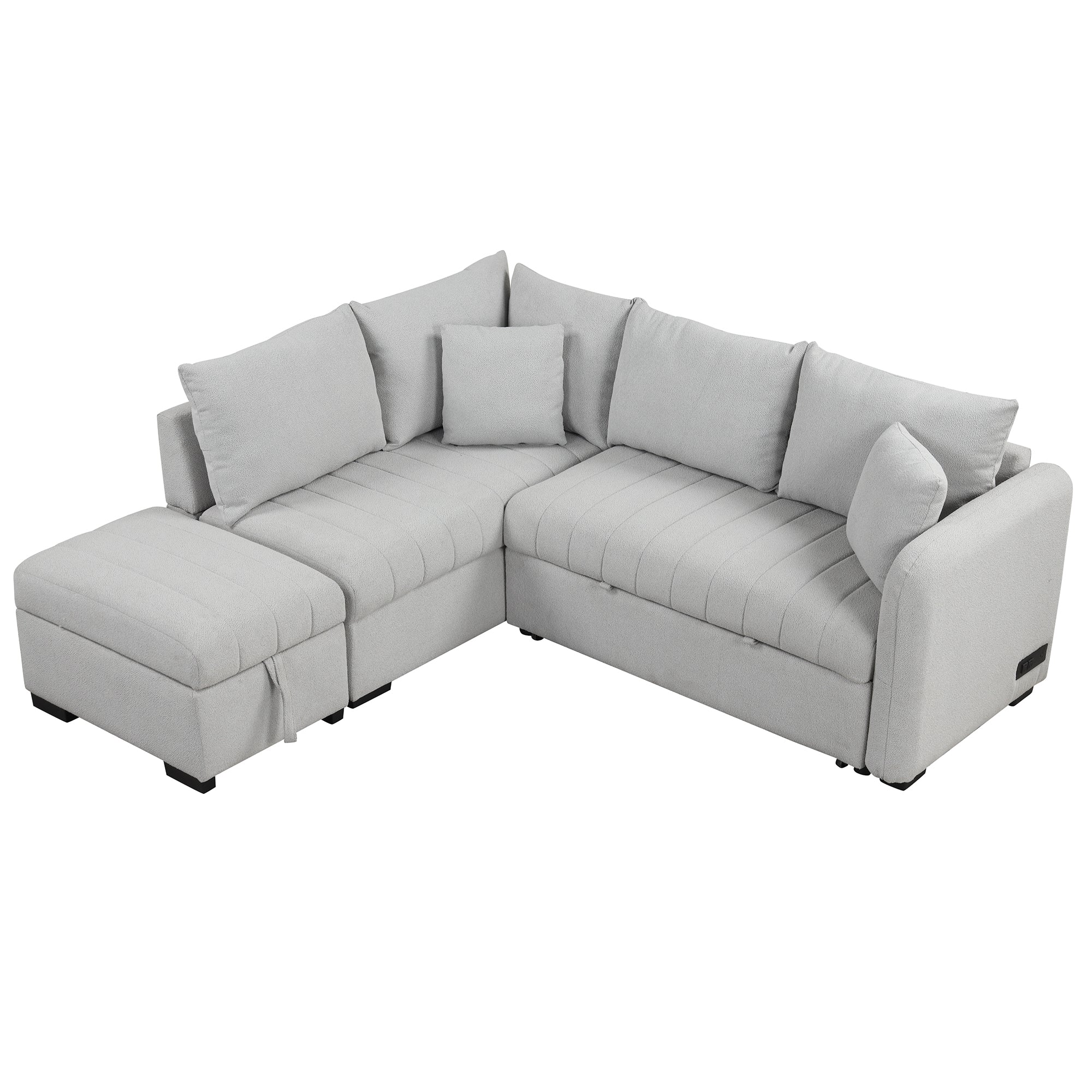 Modern L-shaped Sectional Pull Out Sofa Bed with USB Ports & Storage Ottoman, Gray Jacquard Fabric, 82.6' - Grand Goldman Shop
