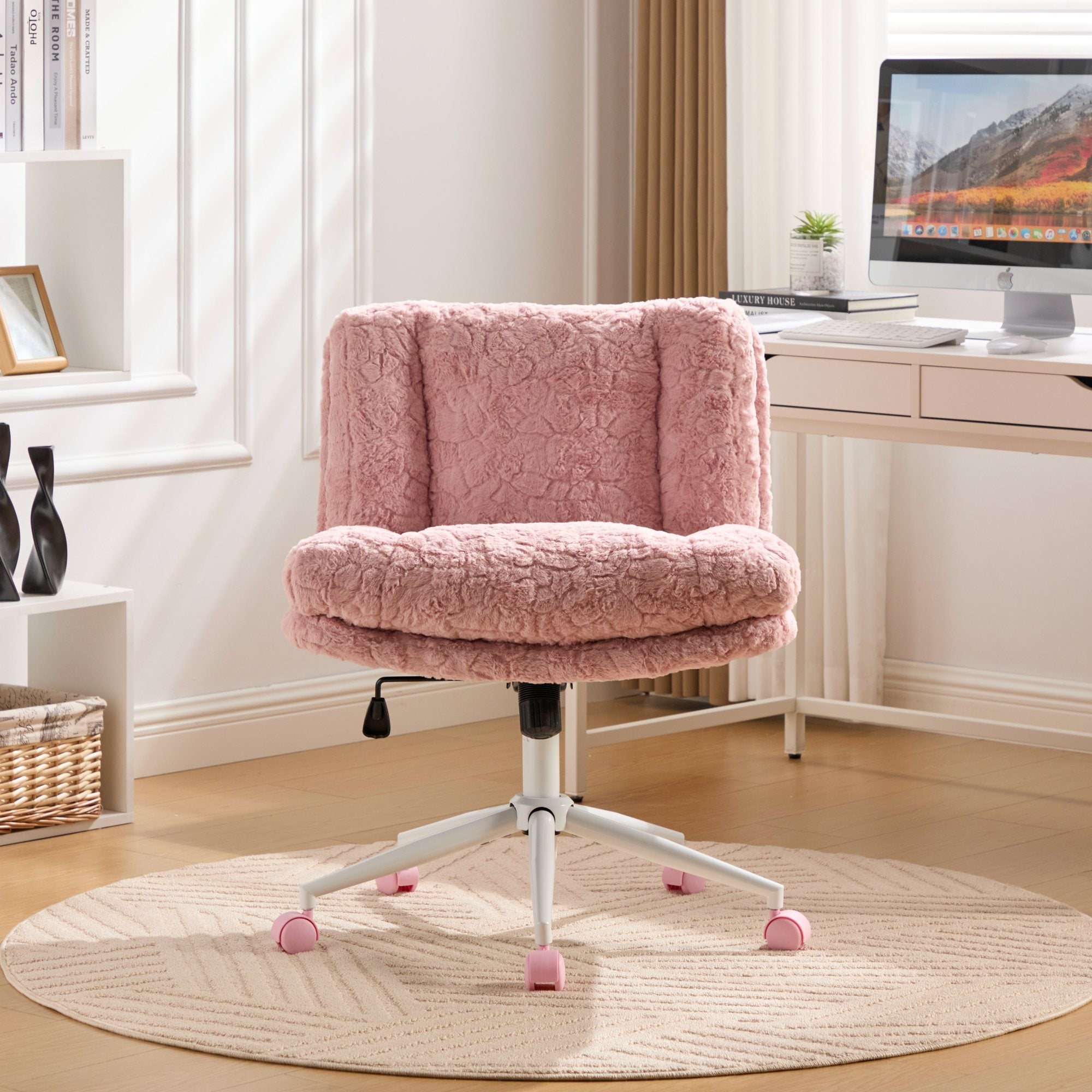 W26.4 inch Wider seat Office Chair,Artificial rabbit hair Home Office Chair with Metal Base,Adjustable Desk Chair Swivel Offi