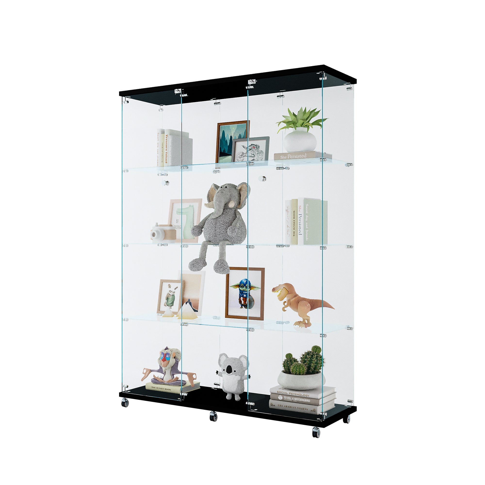Glass Display Cabinet with 4 Shelves Extra Large, Curio Cabinets for Living Room, Bedroom, Office, Black Floor Standing Glass