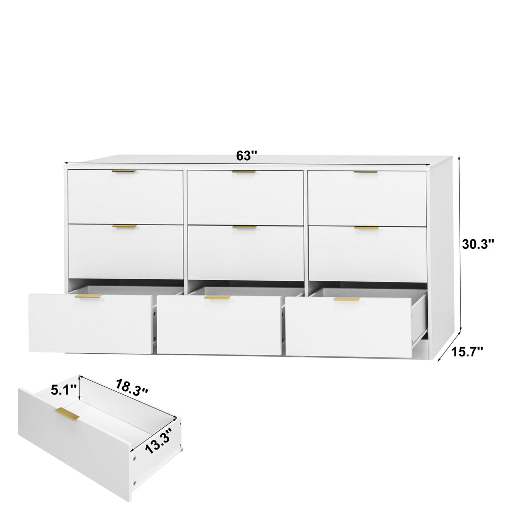 White 9 Drawer Dresser, 63' Large Deep Chest of Drawers, Wooden Dresser Storage Cabinet with 9 Drawers for Bedroom, Long Dressers for Living Room, Hallway - Grand Goldman Shop