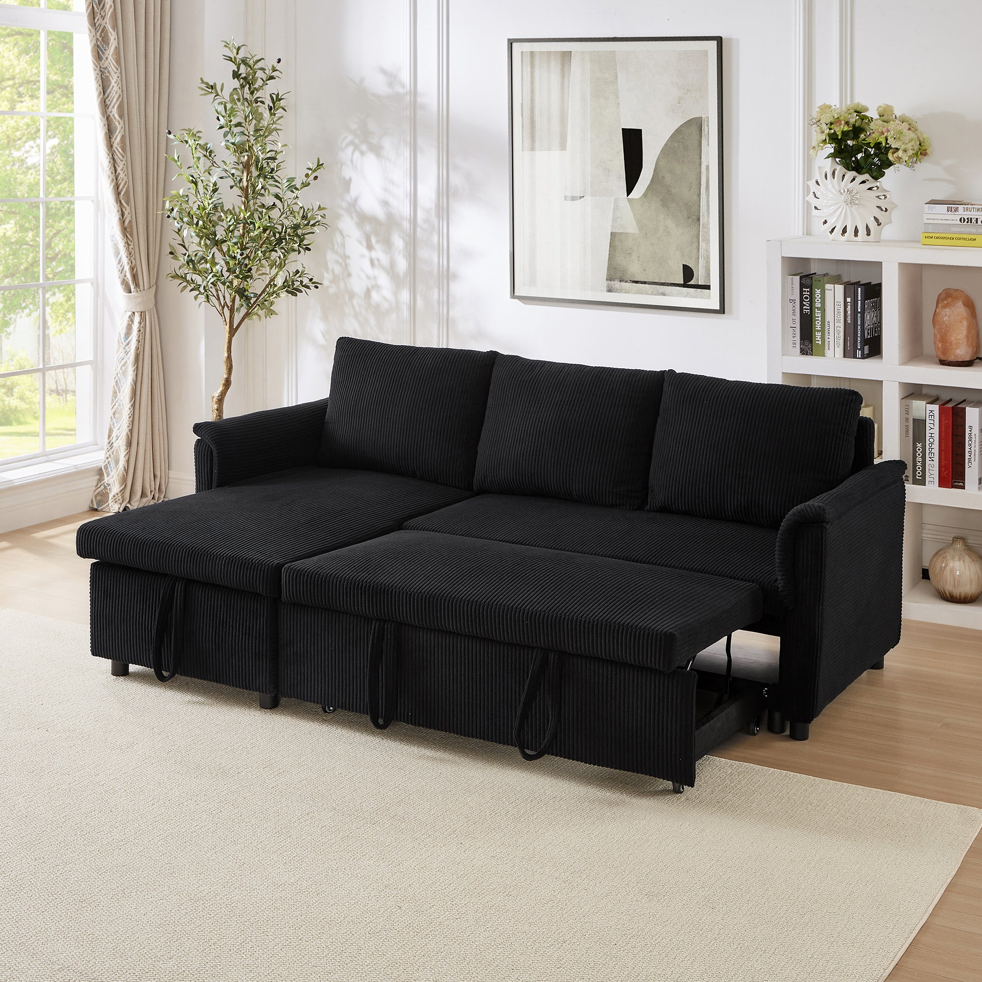 Loveseat Sofa with Chaise Lounge L-Shaped Modular Convertible Sofa with Storage Chaise, Corduroy Tufted Upholstered Sleeper Sectional Sofa,Pull Out Sleep Couch Bed and Reclining Backrest-Black - Grand Goldman Shop