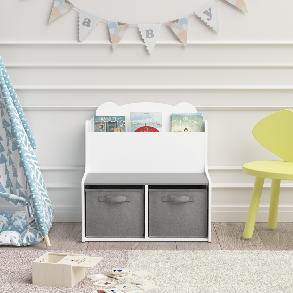 Kids Bookshelf with Storage Bins – Wooden Bookcase with Book Display Shelf and 2 Fabric Bins, Cute Bear-Shaped Backboard, Toy