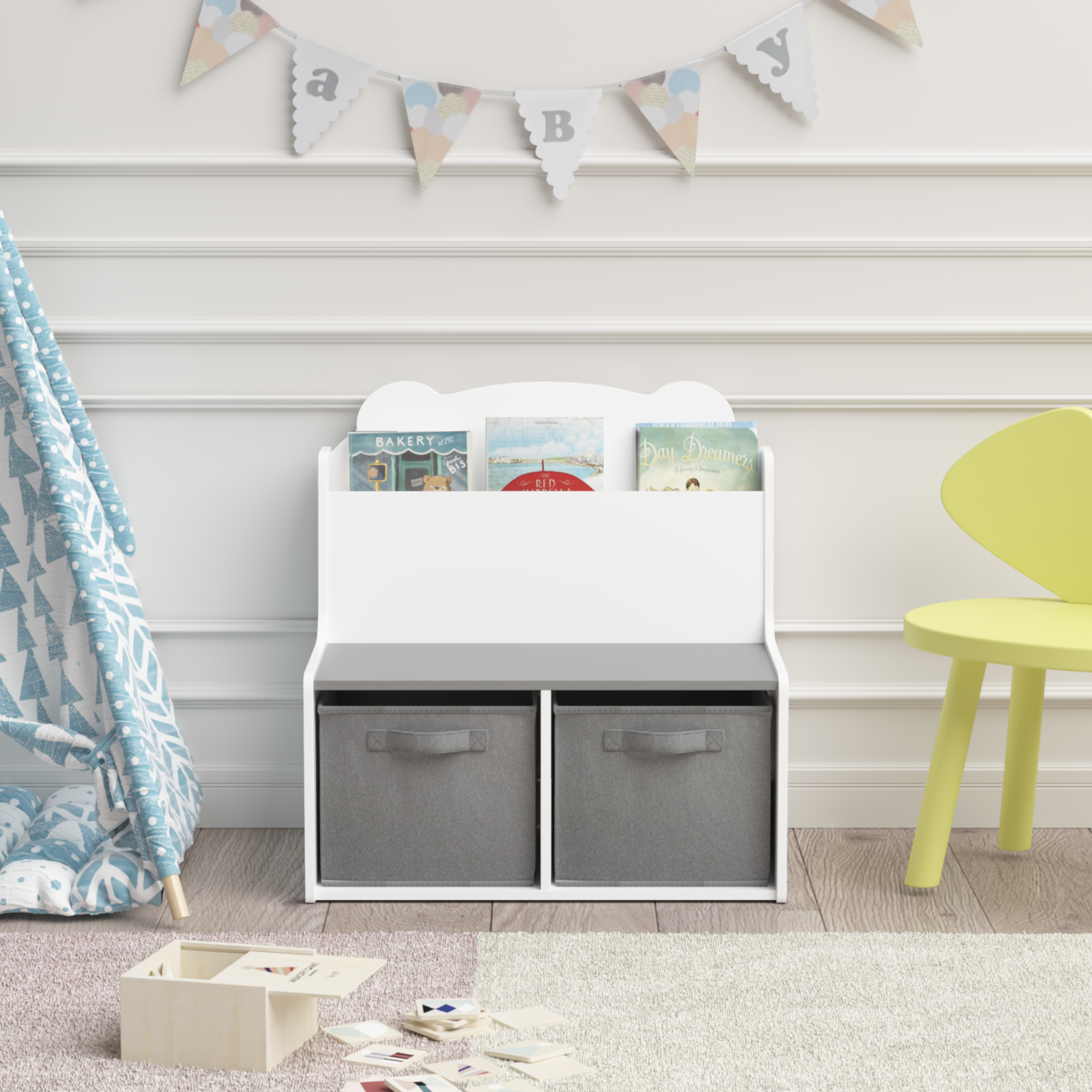 Kids Bookshelf with Storage Bins – Wooden Bookcase with Book Display Shelf and 2 Fabric Bins, Cute Bear-Shaped Backboard, Toy