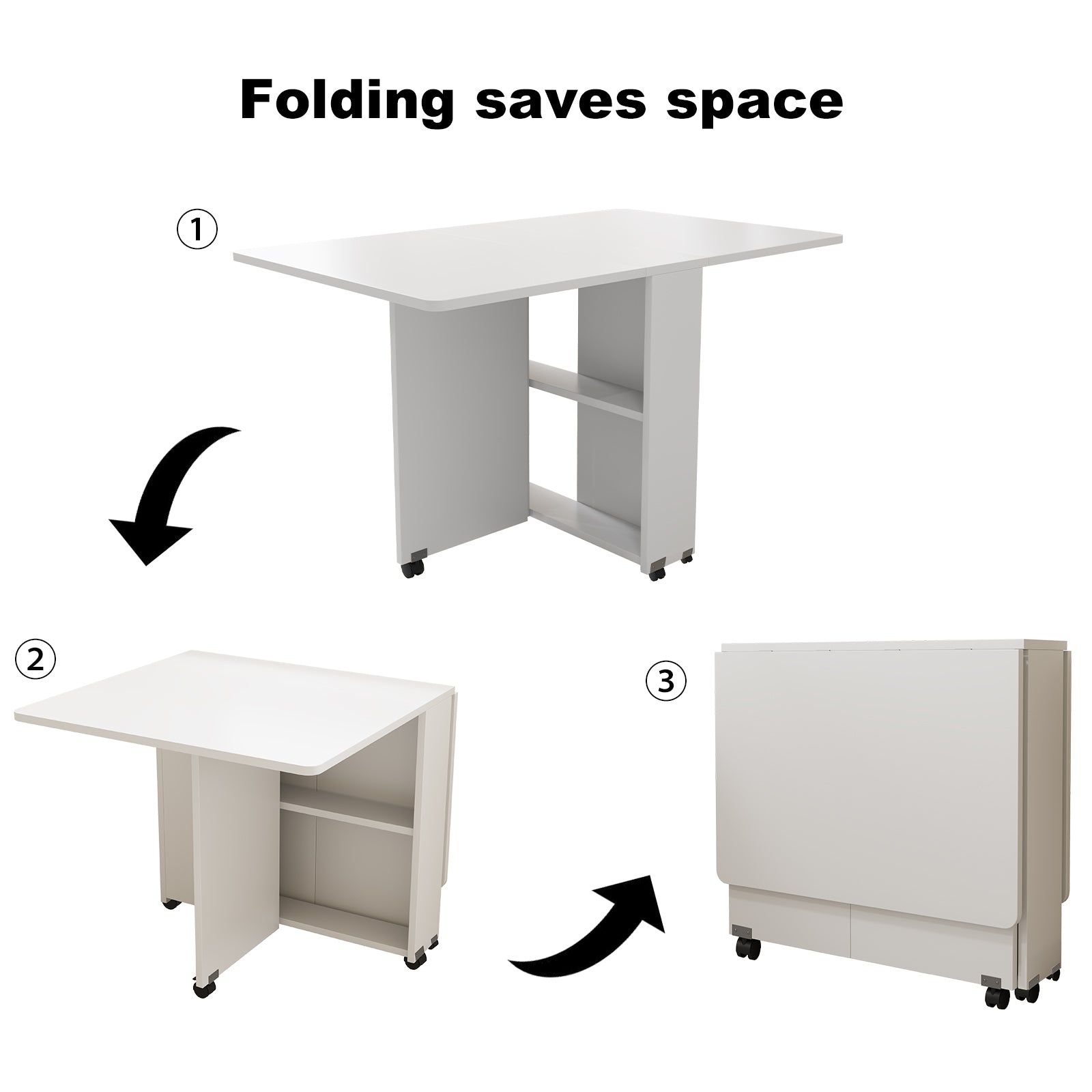 Folding Drop Leaf Dining Table with 6 Wheels and 2-Layer Storage Shelf, Space Saving Table for Small Spaces, 47.2 inch D x 23.6 inch W x 30.3 inch H, White - Grand Goldman Shop