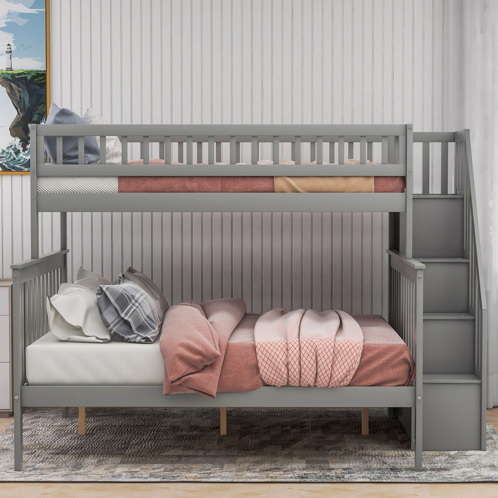 Twin Over Full Stairway Bunk Bed with Storage in Gray, Solid Pine Wood and MDF, 90.8''L x 57.8''W x 65.3''H - Grand Goldman Shop