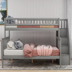 Twin Over Full Stairway Bunk Bed with Storage in Gray, Solid Pine Wood and MDF, 90.8''L x 57.8''W x 65.3''H - Grand Goldman Shop