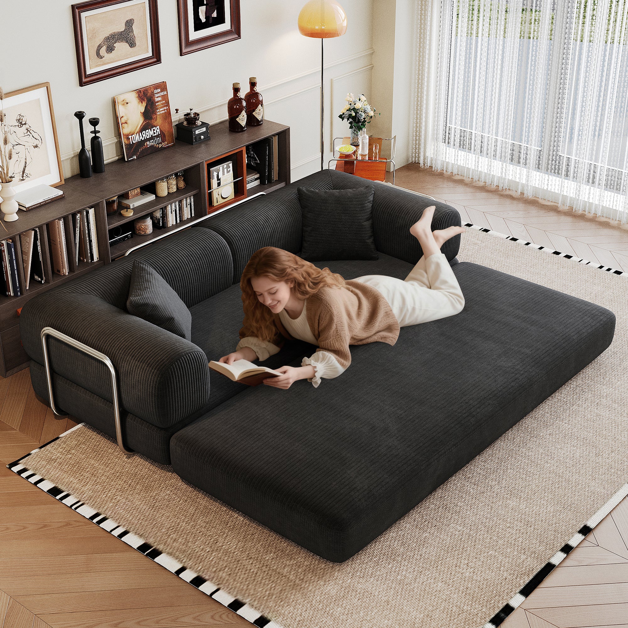 78.8' Compression Sofa,Convertible Floor Sofa Bed-with Pillow Back Support Armrest,Comfy Futon Couch Sleeper Bed,Loveseats Boneless Modular Sectional Sofa,Corduroy fabric,for Living Room,Bedroom,Black - Grand Goldman Shop