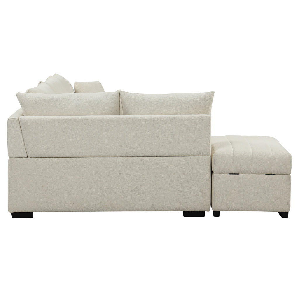Modern L-shaped Sectional Pull Out Sofa Bed with USB Ports and Storage Ottoman, Beige, Jacquard Fabric, 82.6' - Grand Goldman Shop