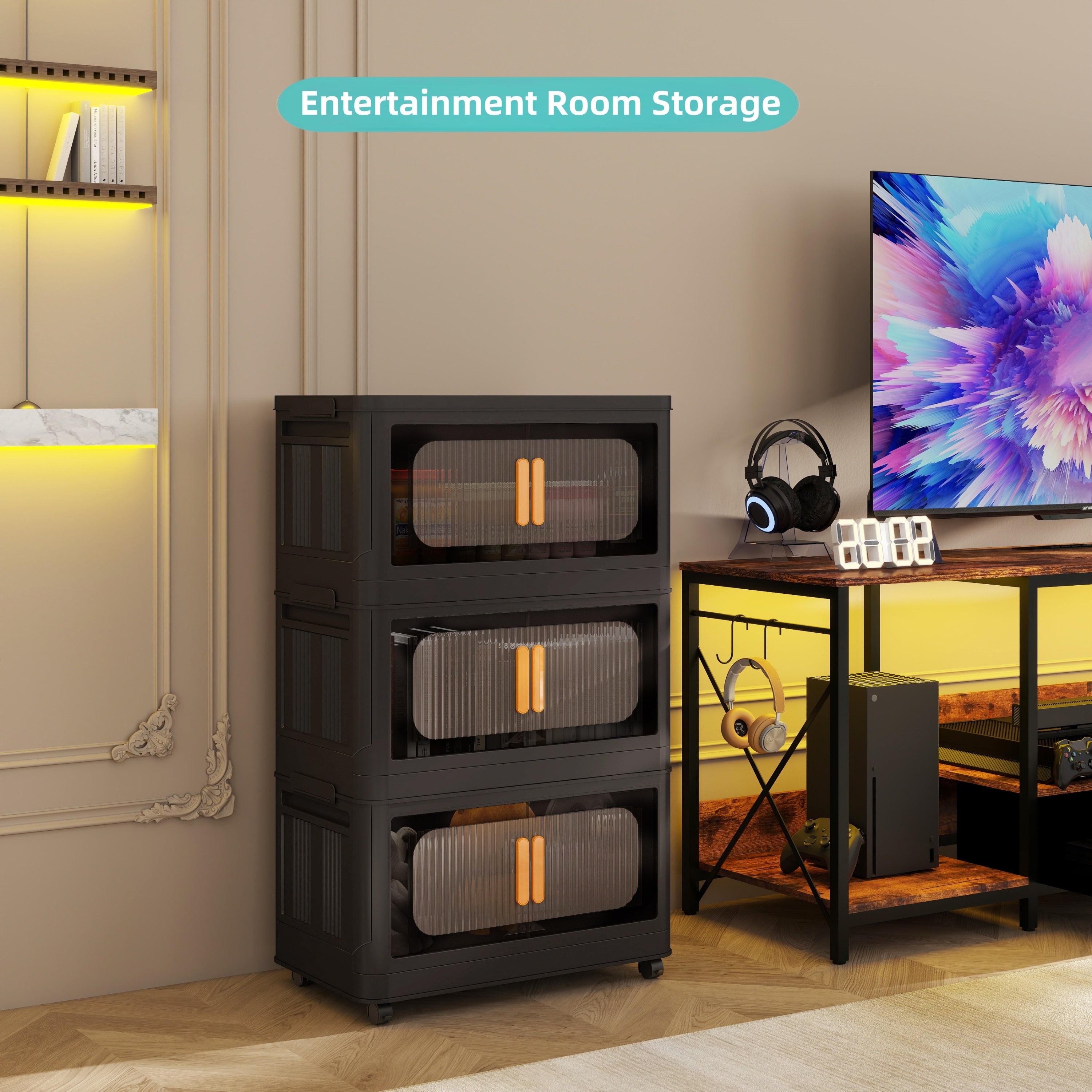 Black,20' Side Wide Folding Storage Cabinet ,5 Tiers,19.69'×11.81'×50.00',Collapsible Storage Bins with Magnetic Door, Plastic Storage Cabinet with Wheels - Grand Goldman Shop