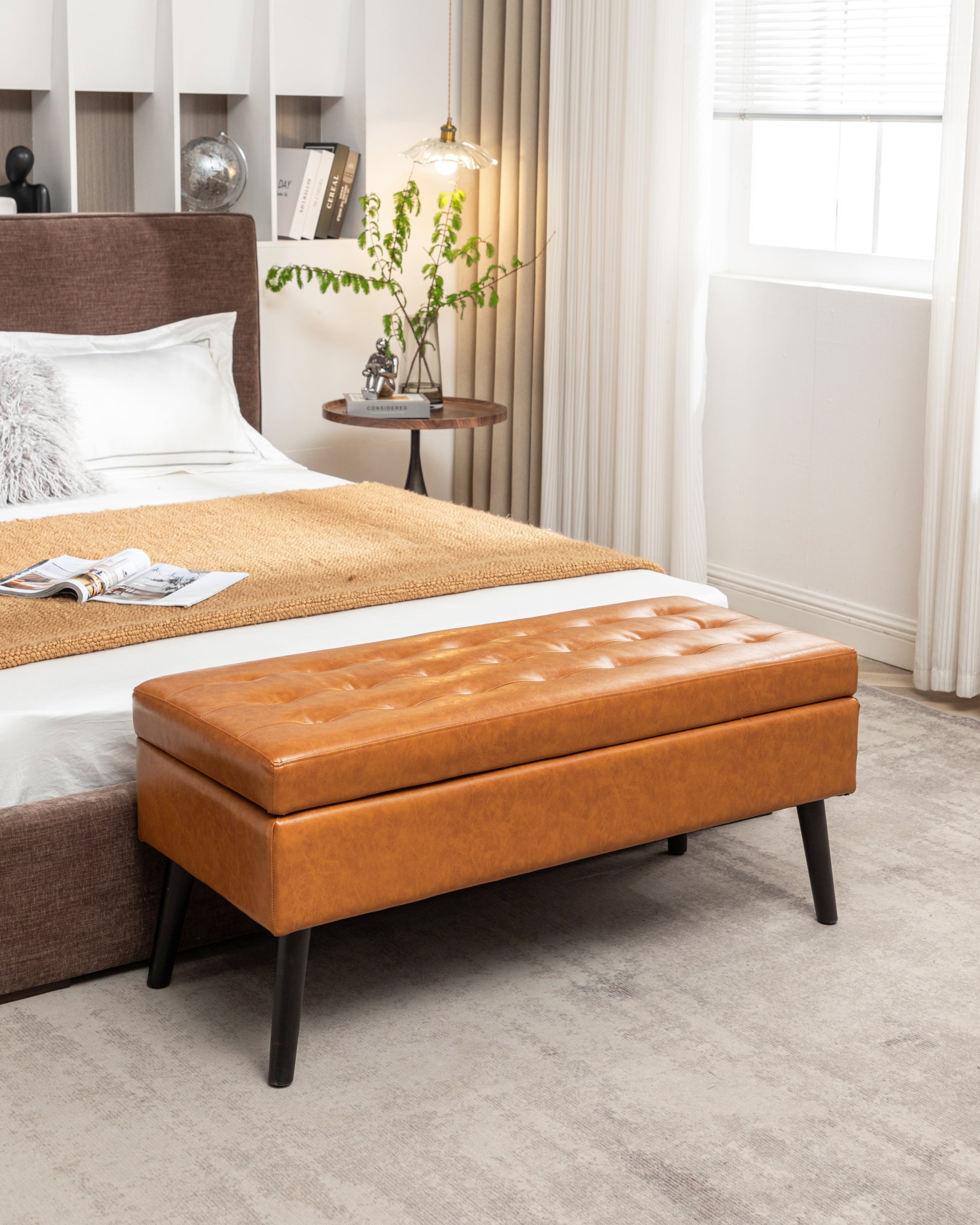 Storage Bench with Storage Bench for Bedroom End of Bed Bench Foot of Bed Bench Entryway Bench Storage Ottoman Bench 43.3' W x 17.7' Brown Leather Bench - Grand Goldman Shop