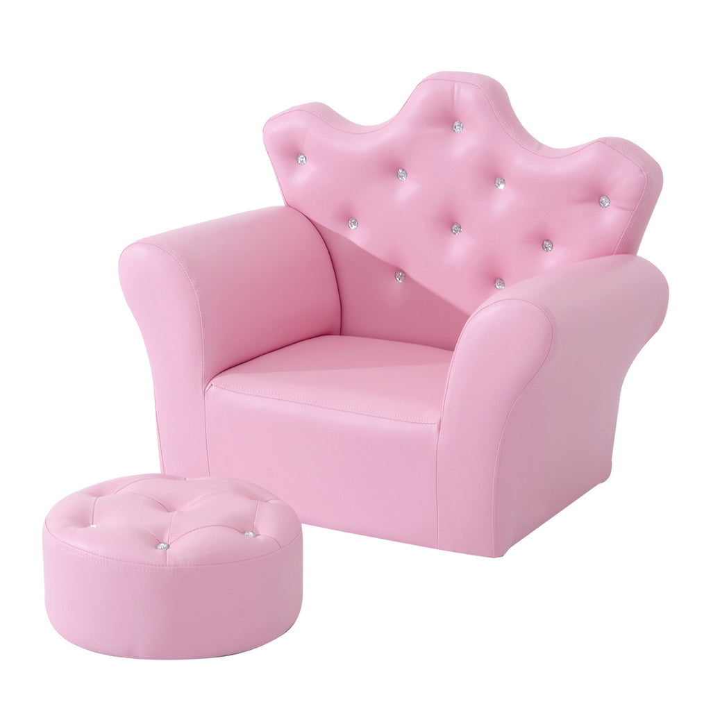 Kids Sofa Set, Children's Upholstered Sofa with Footstool, Princess Sofa with Diamond Decorations, Baby Sofa Chair for Toddle