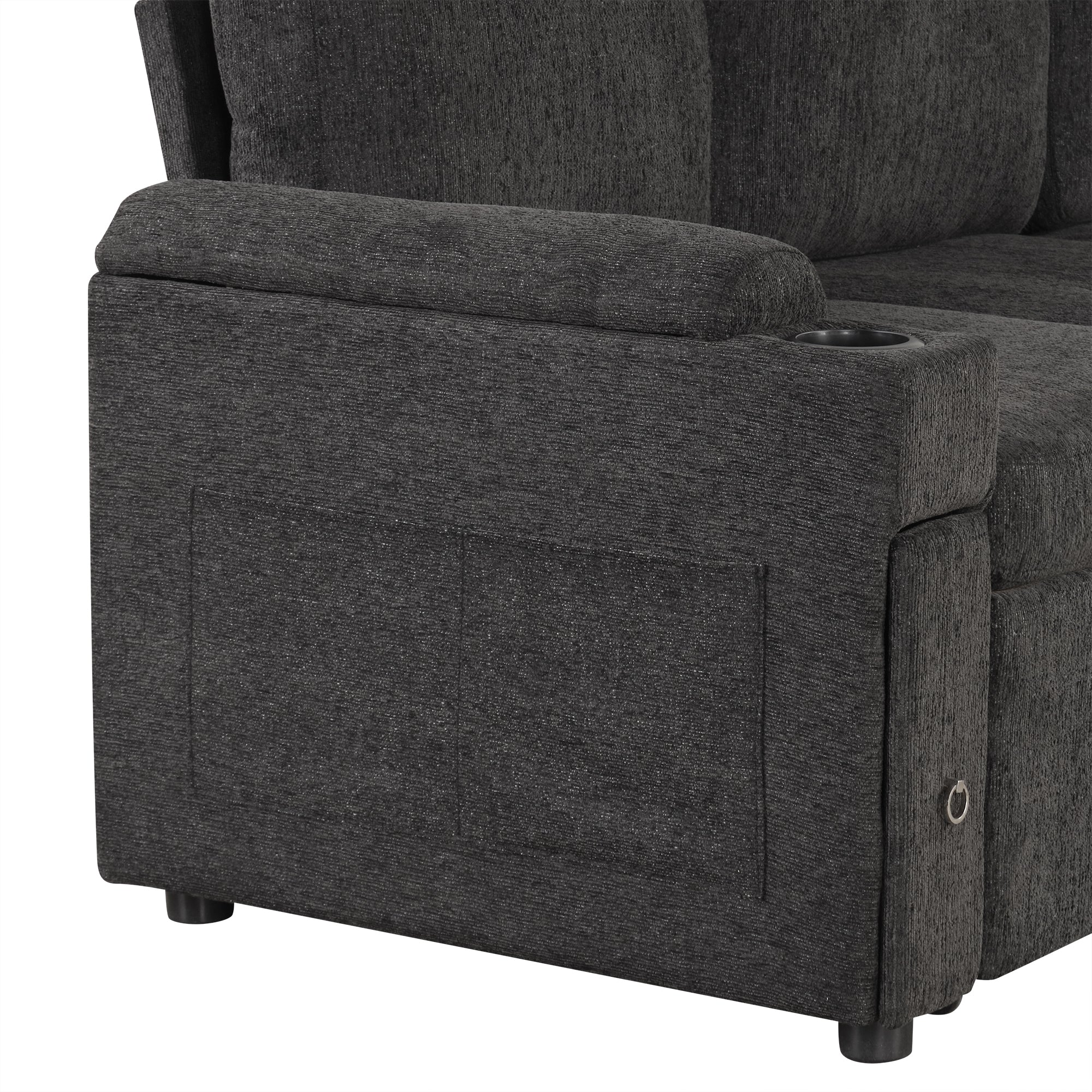 Black Convertible L-shaped Sofa Couch with Storage, Cup Holders, USB Ports, Chenille Fabric, 83.5' - Grand Goldman Shop
