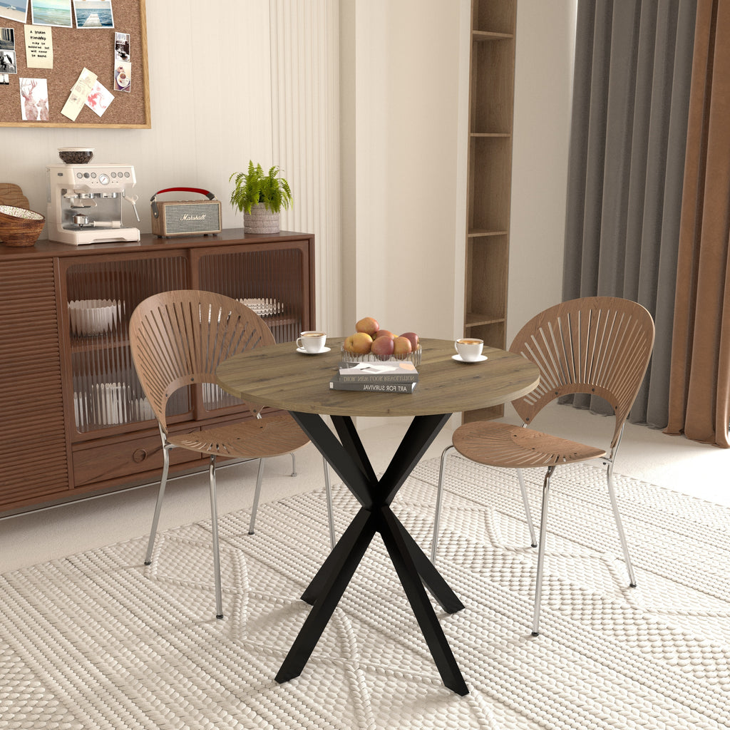 Modern 31.5 Inch Round Dining Table in Rustic Brown with Black Metal Legs, MDF Top for 2-4 People, Compact Kitchen or Dining Room Table - Grand Goldman Shop