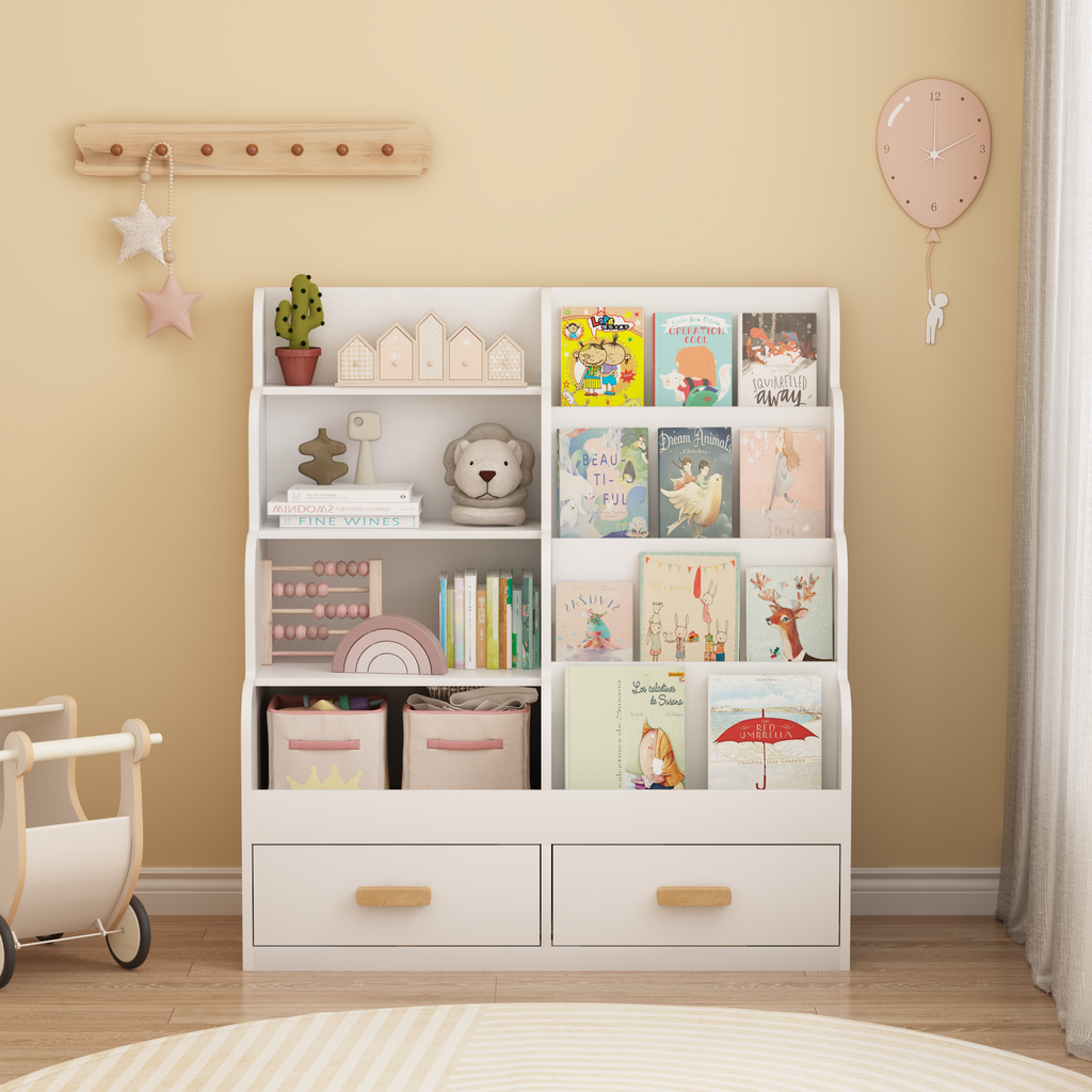Kids Bookshelf with 2 Storage Drawers, Front-Facing Children's Bookcase and Toy Organizer, Multi-Tier Reading Shelf for Toddl