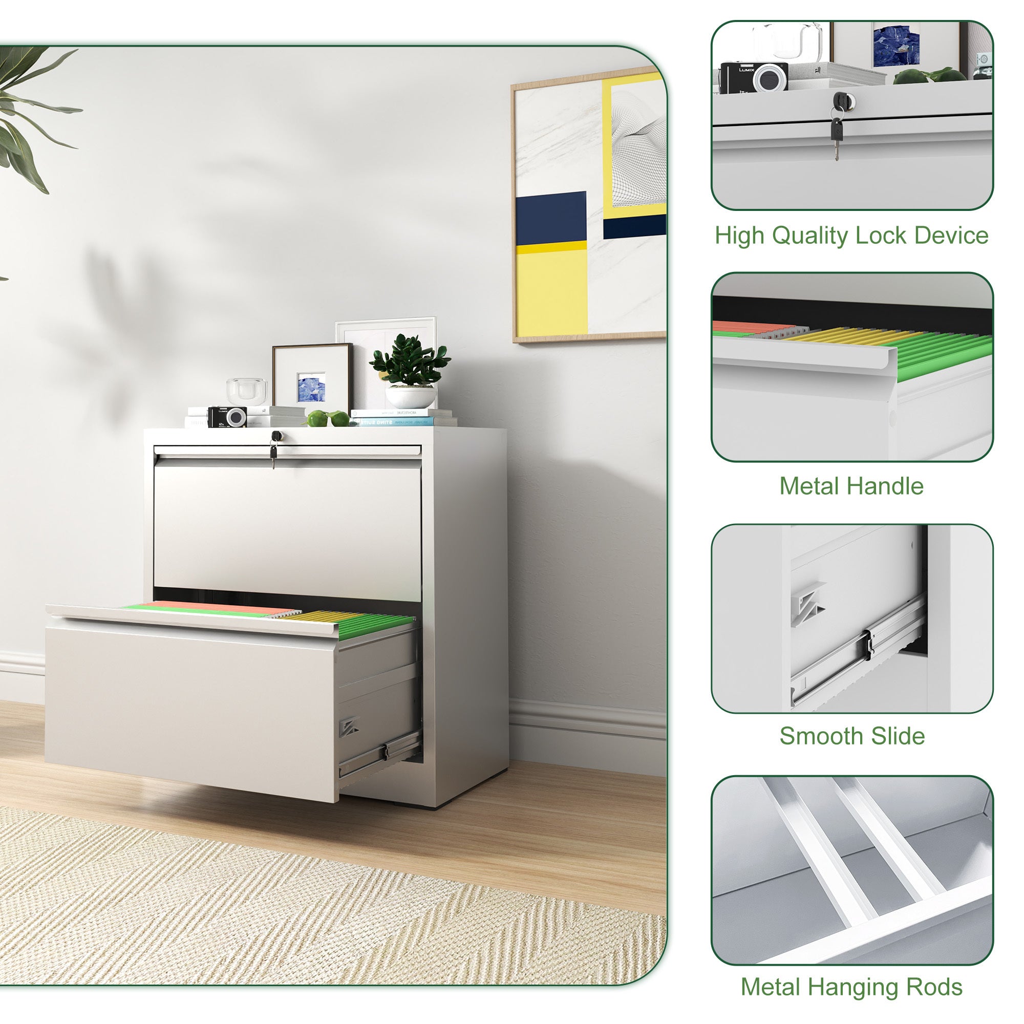Premium 2 Drawer Metal Lateral File Cabinet with Lock, White Steel Filing Cabinet for Home Office | Premium Home Decor - Gran