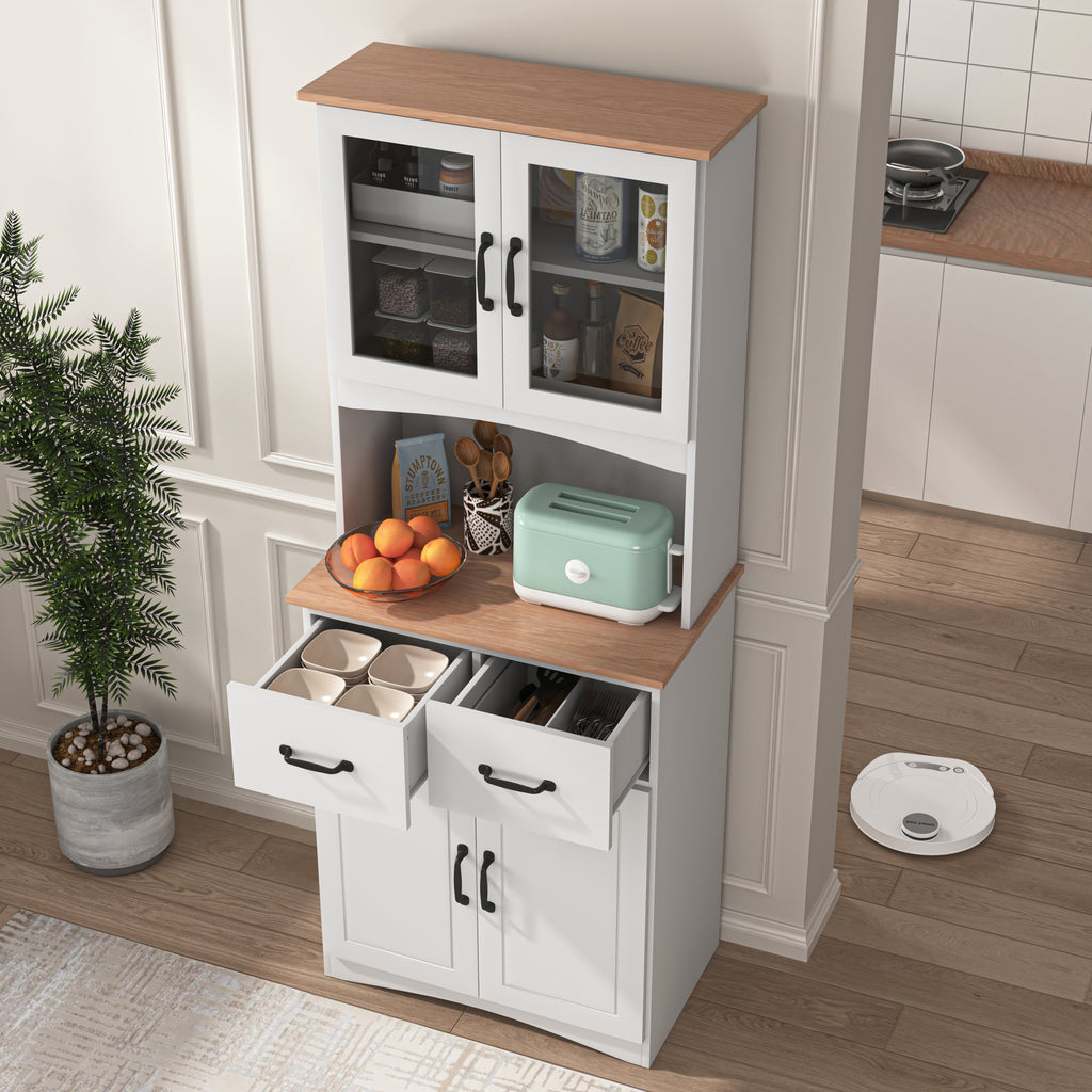 Wooden Kitchen Cabinet White Pantry Room Storage Microwave Cabinet with Framed Glass Doors and Drawer - Grand Goldman Shop