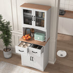 Wooden Kitchen Cabinet White Pantry Room Storage Microwave Cabinet with Framed Glass Doors and Drawer - Grand Goldman Shop