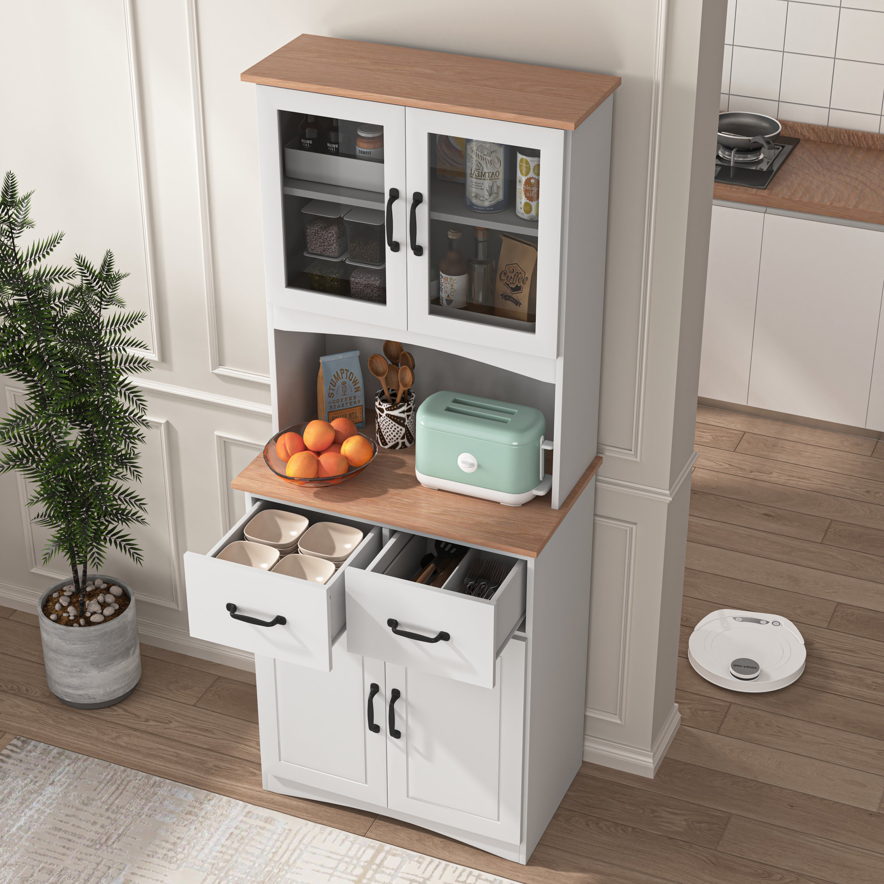 Wooden Kitchen Cabinet White Pantry Room Storage Microwave Cabinet with Framed Glass Doors and Drawer - Grand Goldman Shop