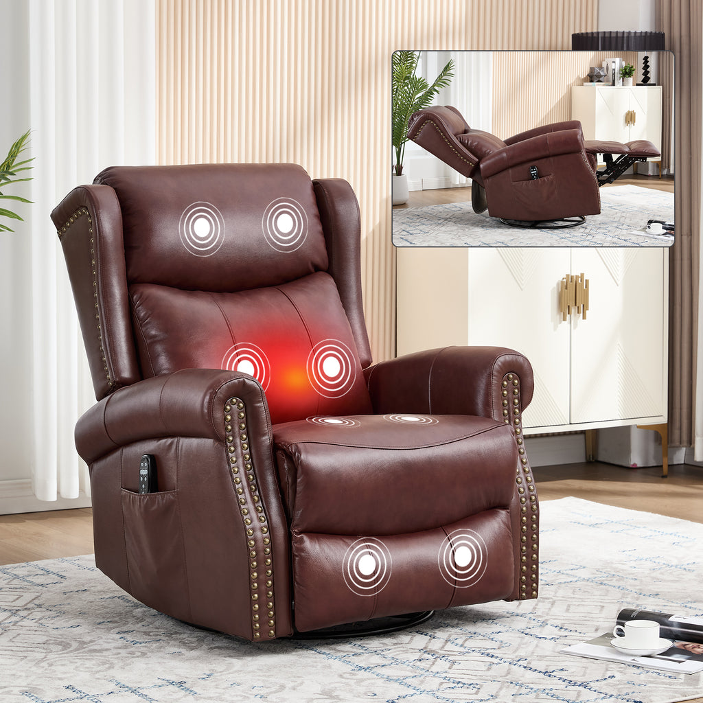 Heat Massage Manual Recliner Chair with Rocker and Swivel in Genuine leather for Living Room, Red - Grand Goldman Shop