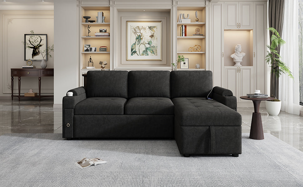 Black Convertible L-shaped Sofa Couch with Storage, Cup Holders, USB Ports, Chenille Fabric, 83.5' - Grand Goldman Shop