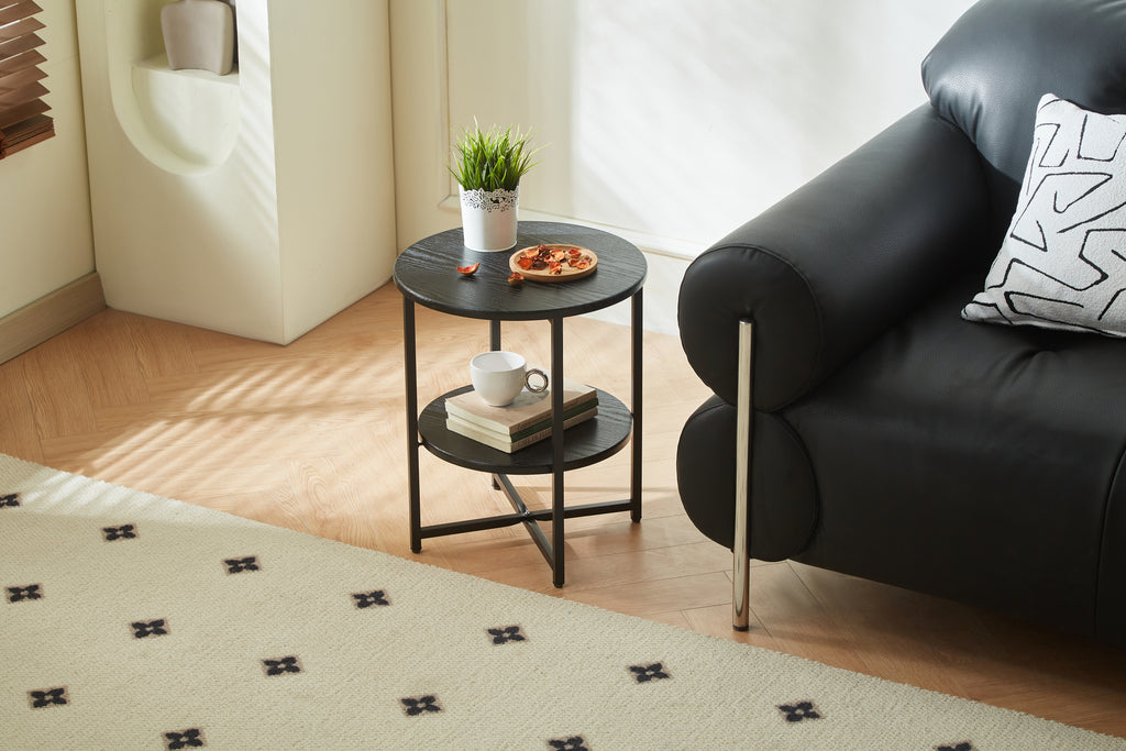 Small round side table,2 tiers farmhouse end table,accent tables for small spaces,night stands for bedrooms living room,coffee  tables with storage shelf,Black - Grand Goldman Shop