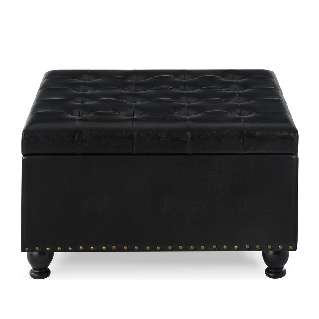 Large square storage ottoman with wooden legs, Upholstered button tufted coffee table with nail trims for Living Space, Black - Grand Goldman Shop