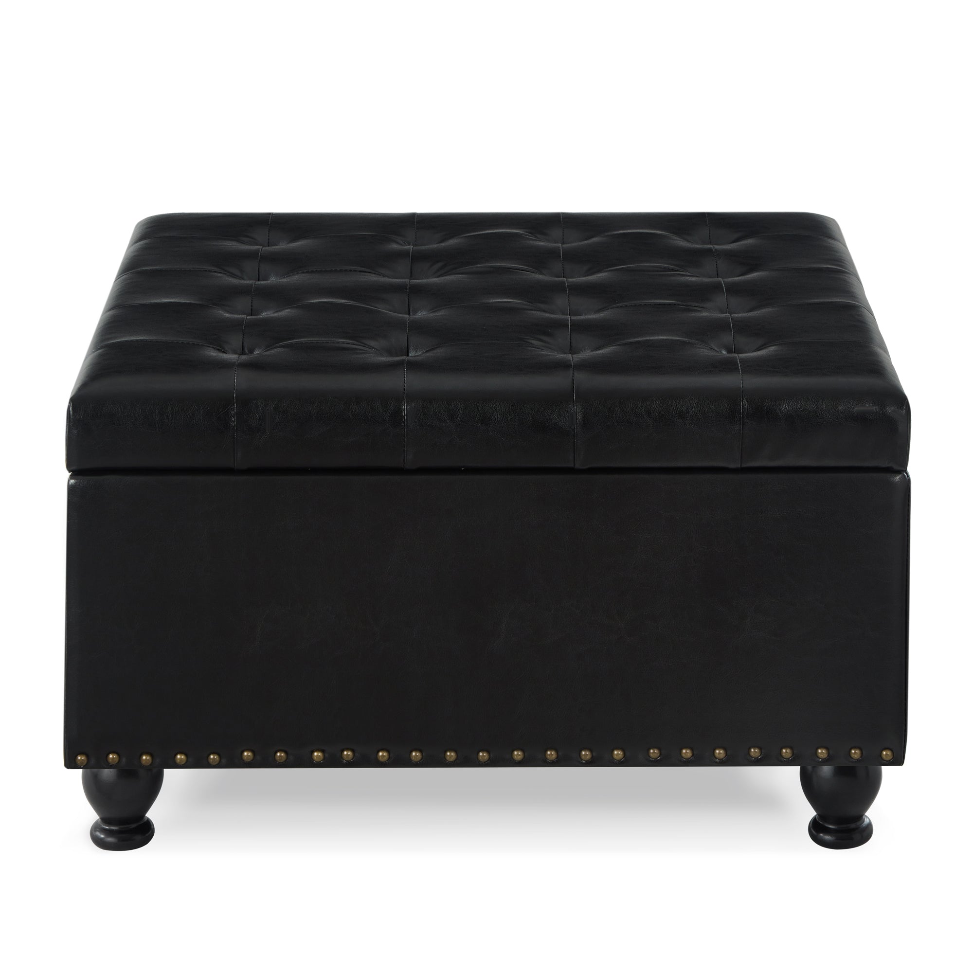 Large square storage ottoman with wooden legs, Upholstered button tufted coffee table with nail trims for Living Space, Black - Grand Goldman Shop