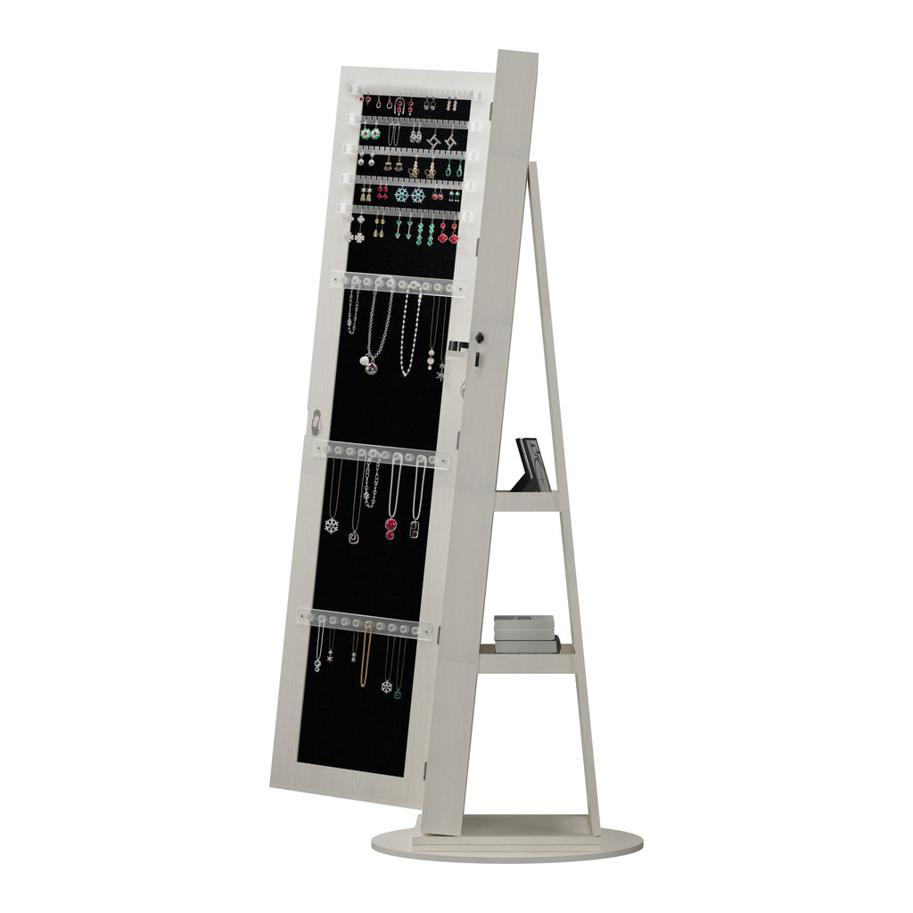 360°Swivel Jewelry Cabinet with Full Length Mirror, 360°Rotating Standing Jewelry Armoire Organizer, Lockable Storage Cabinet, Interior Lighted Mirror, White - Grand Goldman Shop