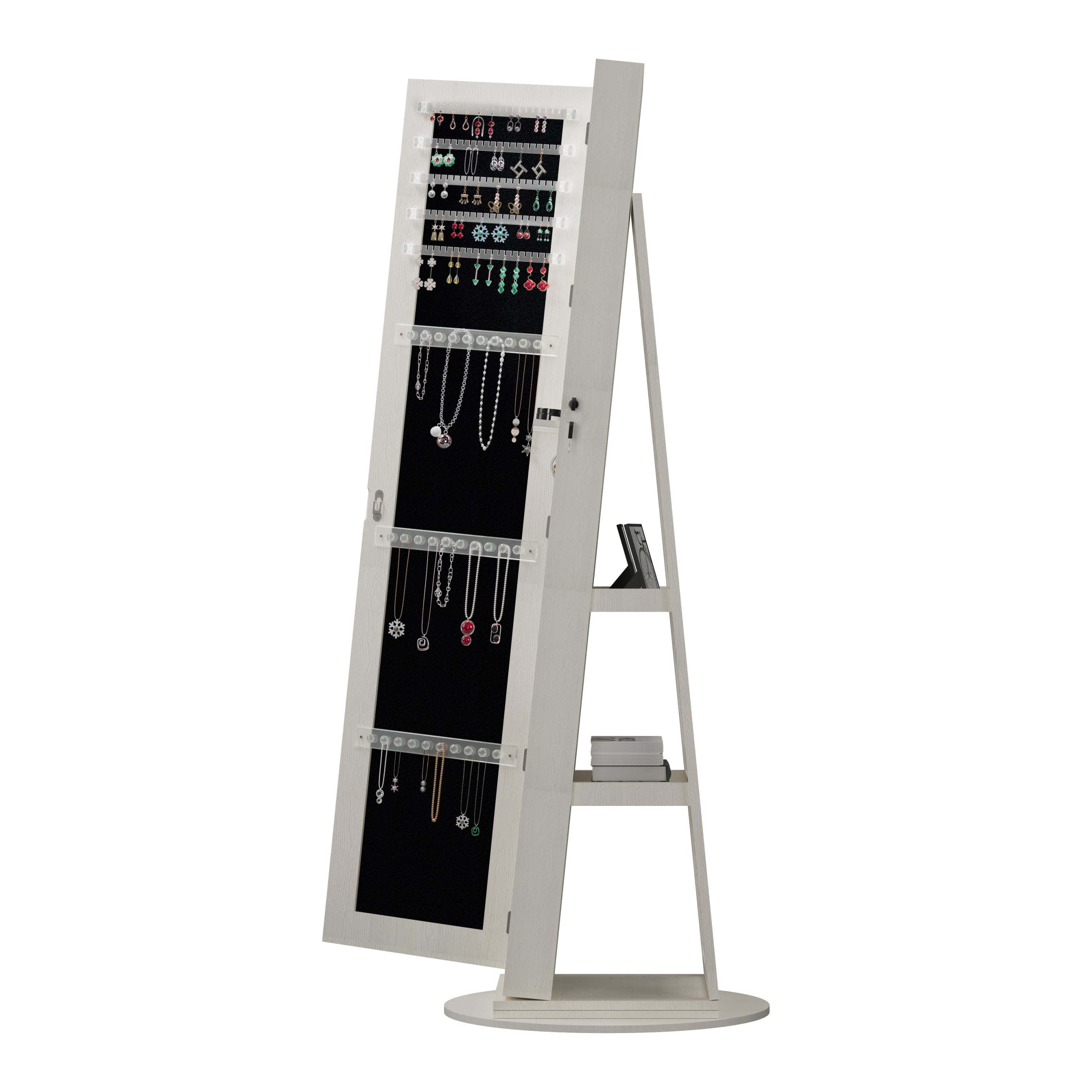 360°Swivel Jewelry Cabinet with Full Length Mirror, 360°Rotating Standing Jewelry Armoire Organizer, Lockable Storage Cabinet, Interior Lighted Mirror, White - Grand Goldman Shop