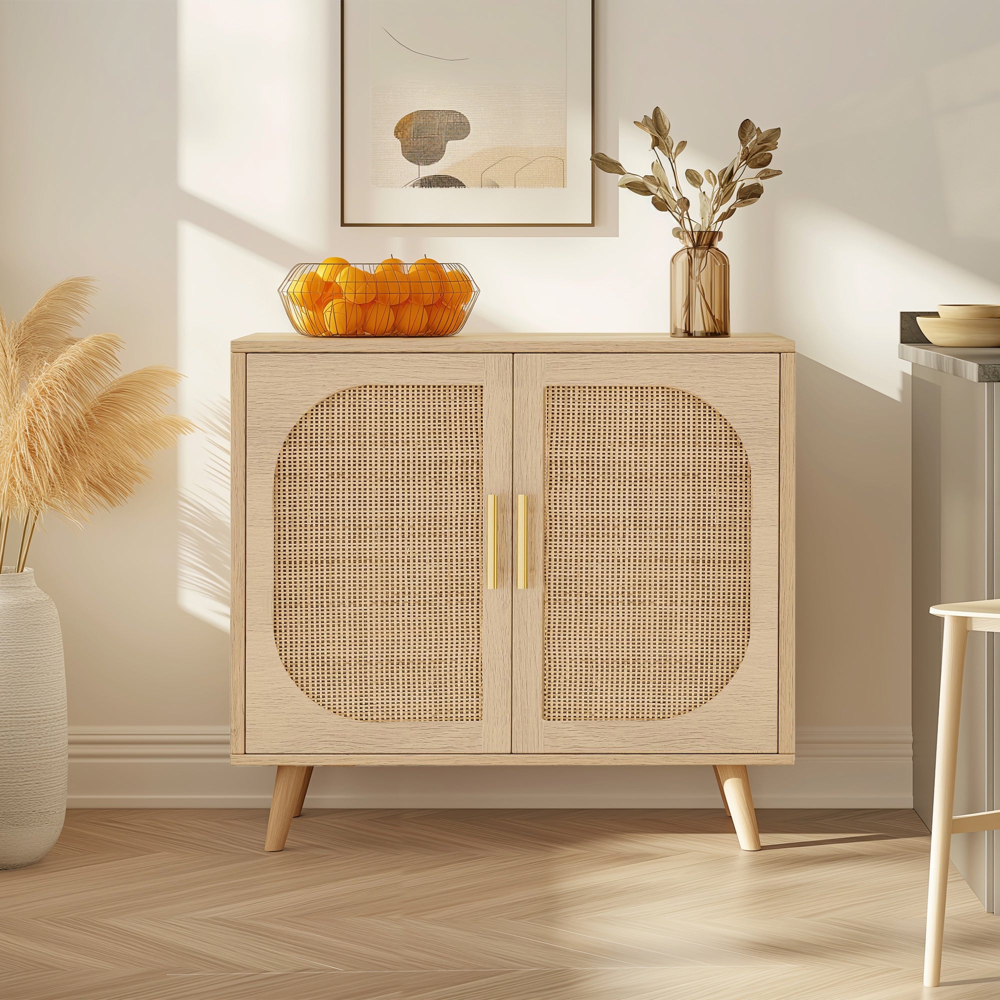 Buffet Cabinet with Storage,  Accent Bathroom Floor Cabinet,with Two Doors and 4 compartments forStorage,Cabinet with Solid Wood Feet,Sideboard Cabinet for Hallway, Entry, Living Room,(Natural Color) - Grand Goldman Shop