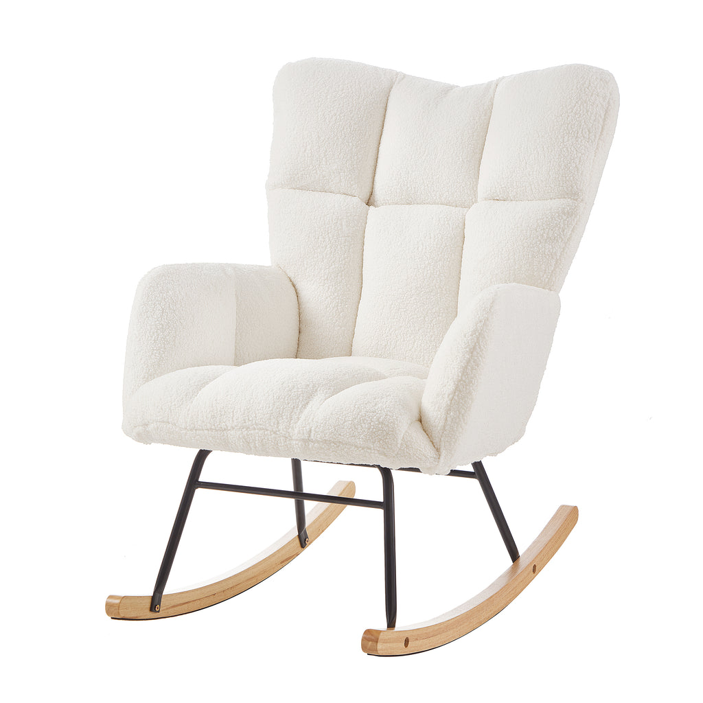 Glider Chair for Living Room Tufted Upholstered Teddy Fabric Rocking Chair with Metal Frame Accent Chair Ivory White - Grand Goldman Shop