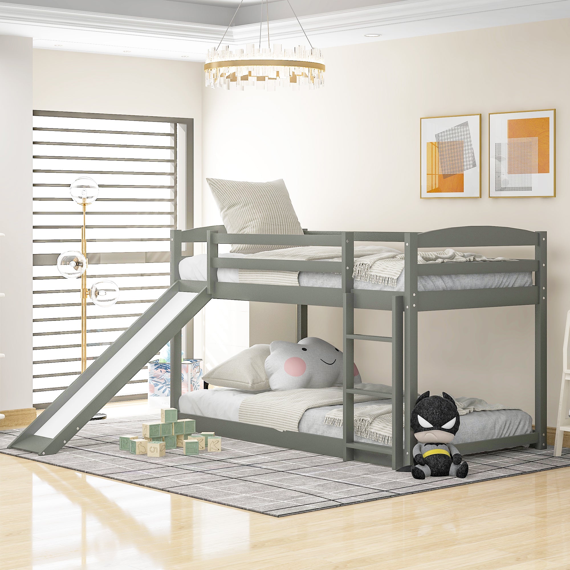 Gray Twin over Twin Bunk Bed with Convertible Slide and Ladder, Pine Wood and MDF, 79.3''L x 84.4''W x 46.5''H - Grand Goldman Shop