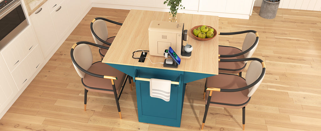K&K 55.7'' Large Kitchen Island with 2 Drop Leaf,, Rolling Kitchen Cart on 5 Wheels with Power Outlet, Folding Storage Dining Table with Spice & Towel Rack , 3 Drawers, for Kitchen, Dining Room,Green - Grand Goldman Shop