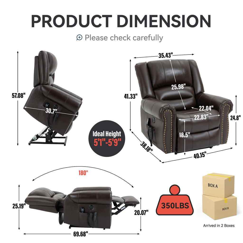 Power Lift Recliner Chair Heat Massage Dual Motor Infinite Position Up to 350 LBS, Genuine Leather, Heavy Duty Motion Mechanism with USB Ports, Brown - Grand Goldman Shop