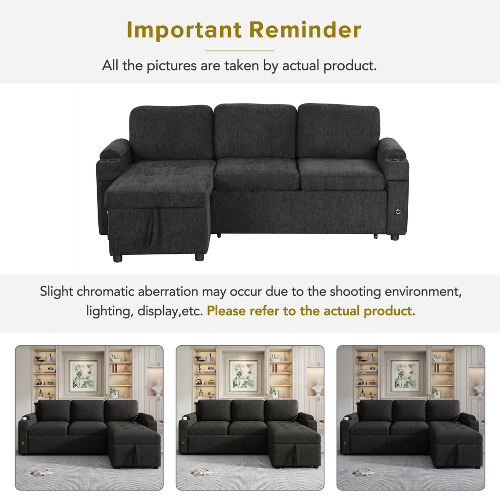 Black Convertible L-shaped Sofa Couch with Storage, Cup Holders, USB Ports, Chenille Fabric, 83.5' - Grand Goldman Shop