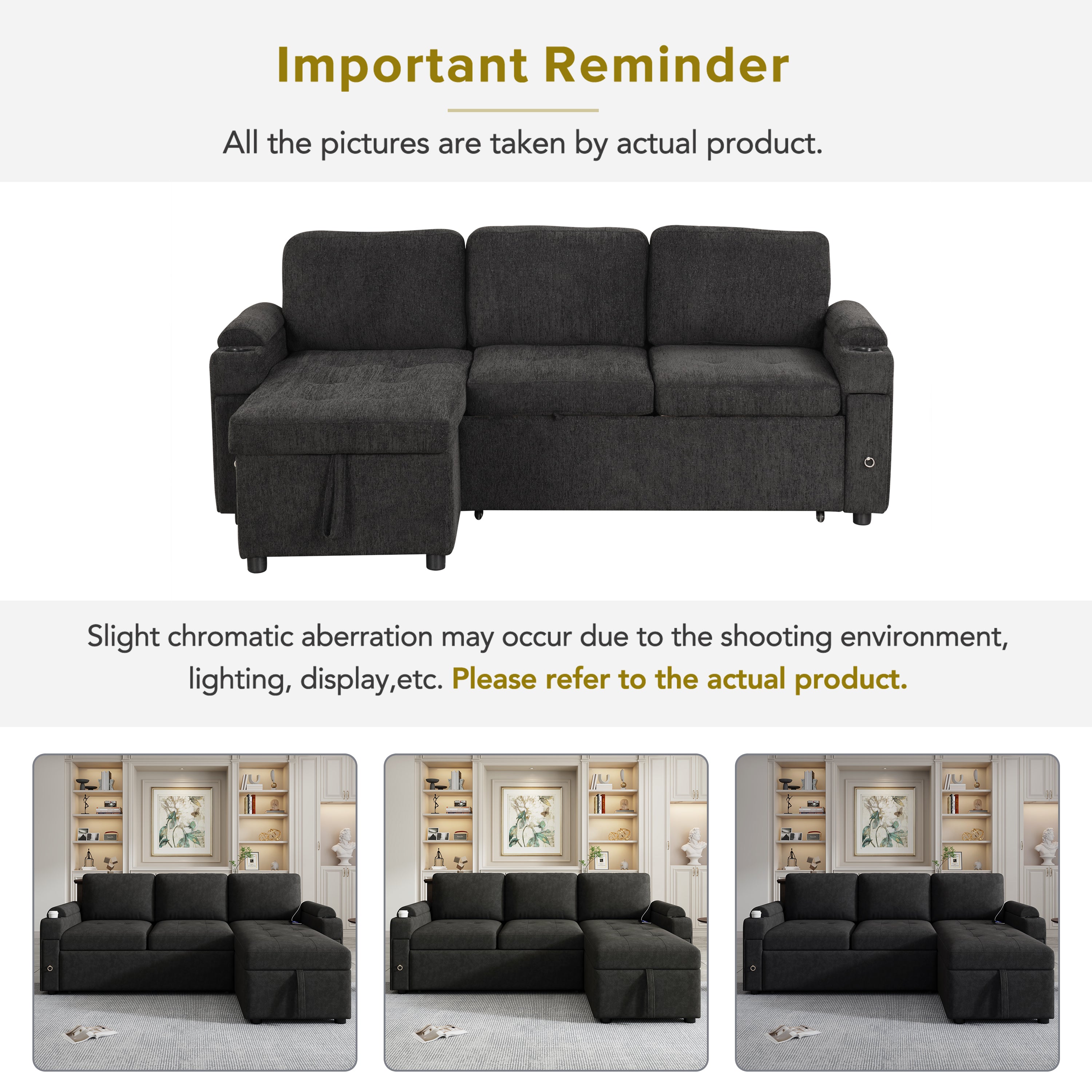 Black Convertible L-shaped Sofa Couch with Storage, Cup Holders, USB Ports, Chenille Fabric, 83.5' - Grand Goldman Shop