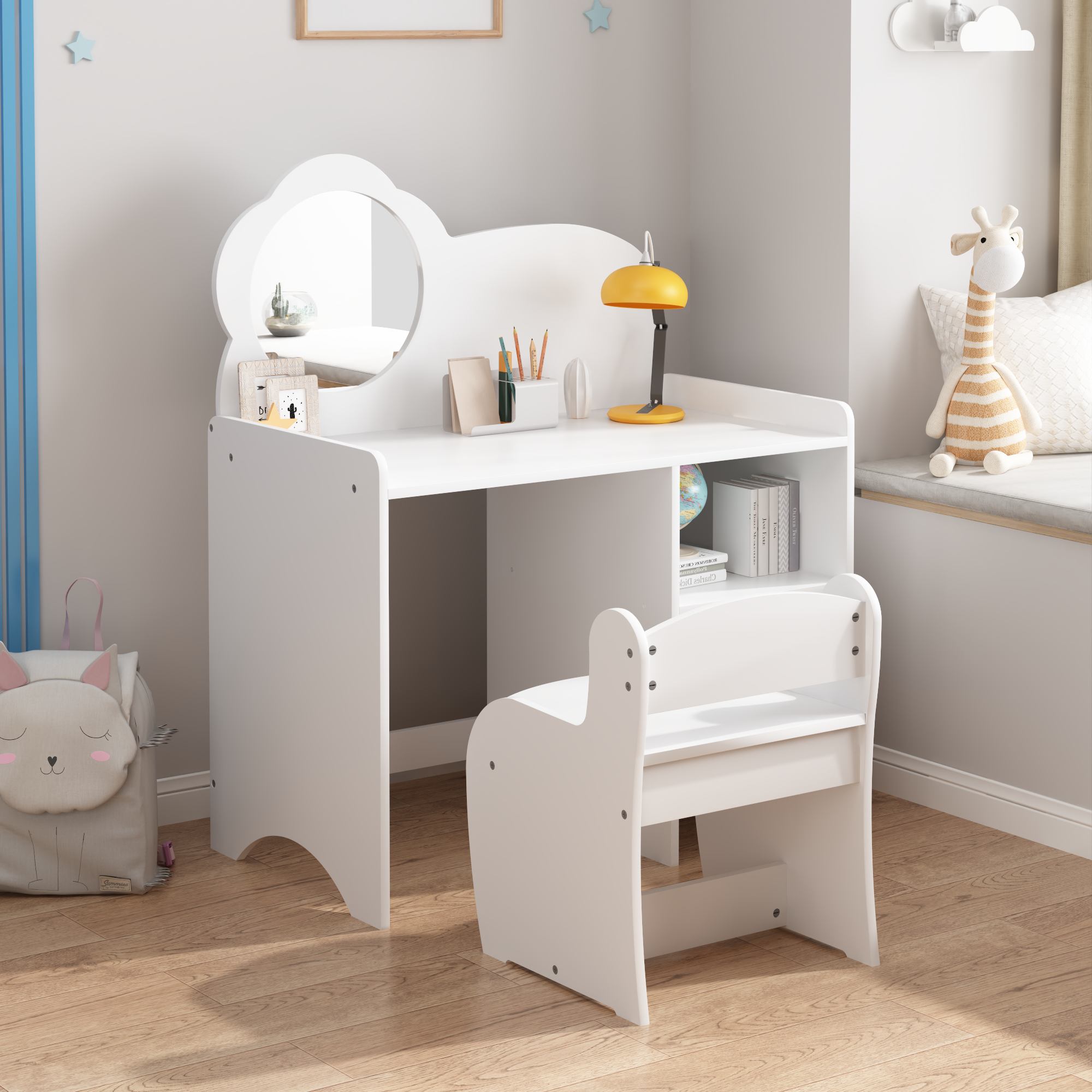 Kids Vanity Table with Mirror and Chair, Wooden Children's Dressing Makeup Desk with Storage Shelves, Study and Activity Tabl