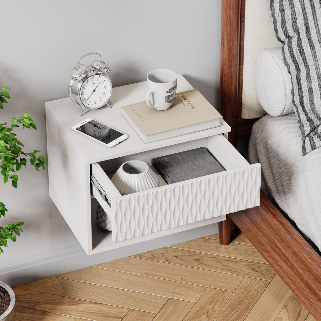 set of 2 nightstand with Modern Wall-Mounted Drawer Cabinet: Open Shelf, 3-Stage Rails, Carved Design, Anti-Wobble, DIY, for Bedroom/Living Room/Office - Grand Goldman Shop