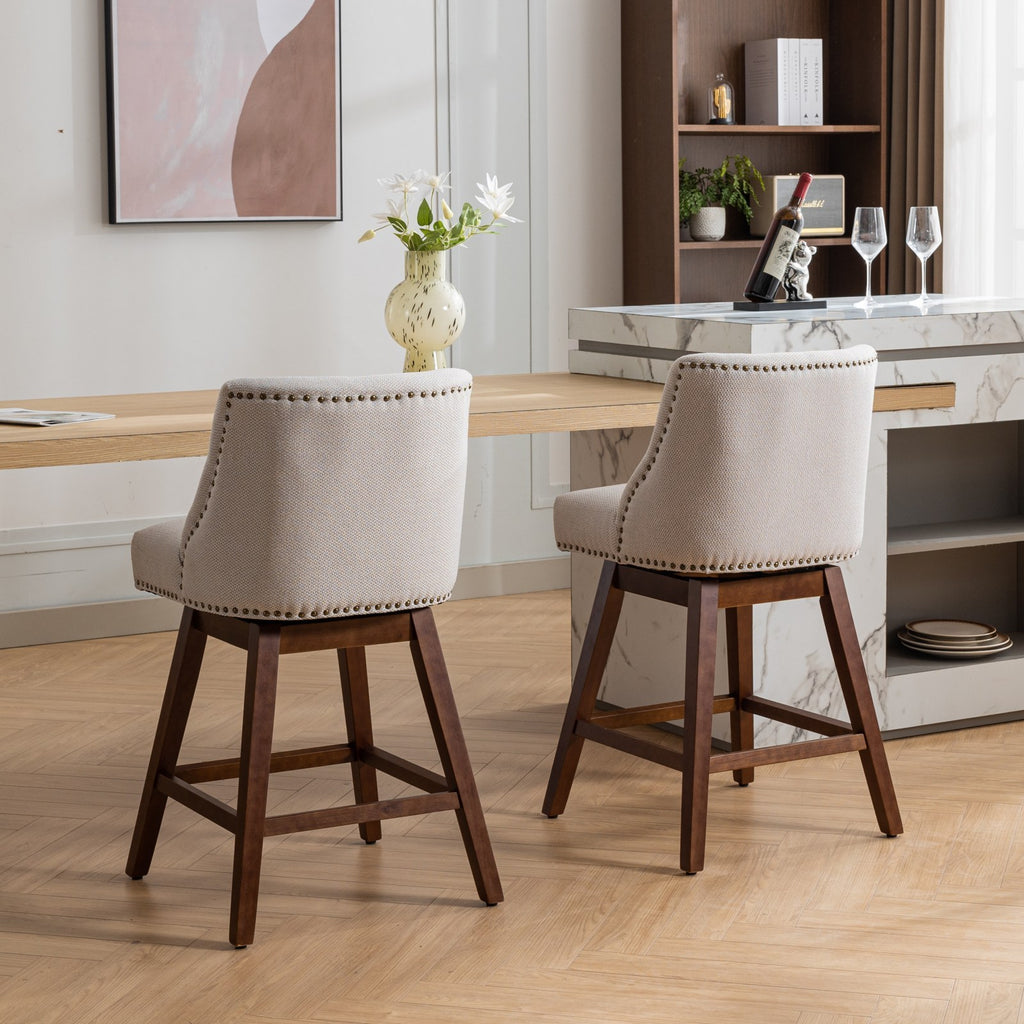 Ivory Upholstered Counter Height Swivel Barstools Set of 2, 26'' H Seat, Fabric and Rubber Wood - Grand Goldman Shop