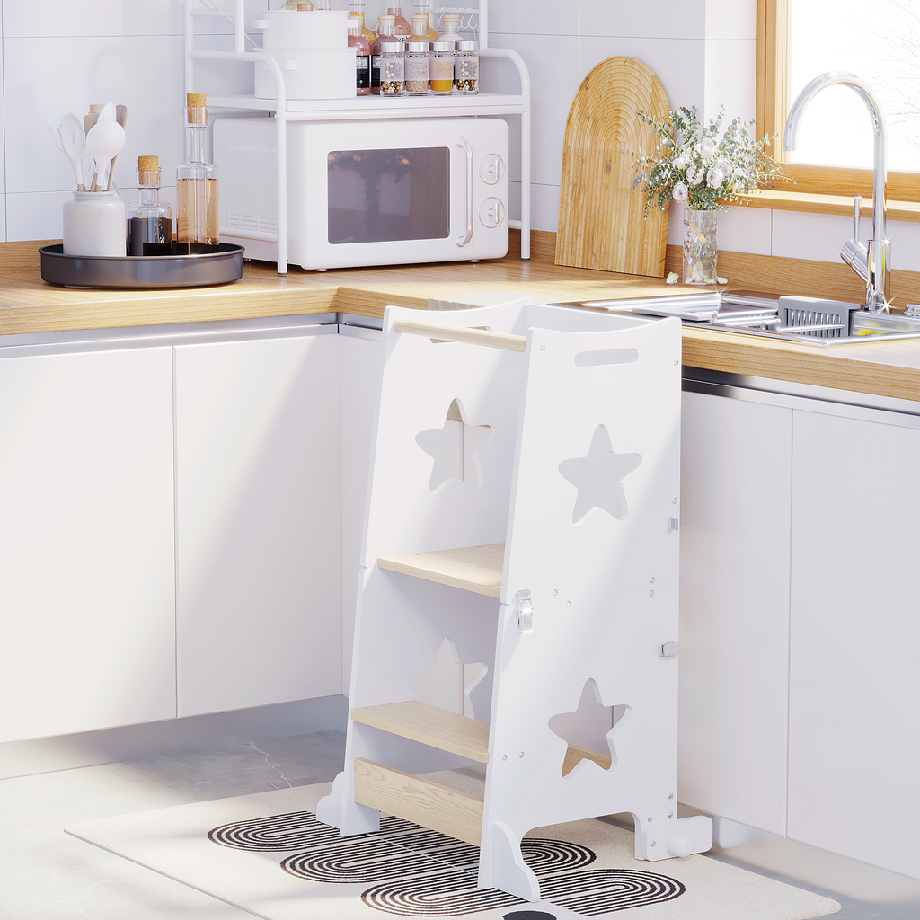 3-in-1 Toddler Kitchen Step Stool, Foldable Learning Standing Tower with Blackboard, Wooden Kitchen Stool Helper for Kids, 1-