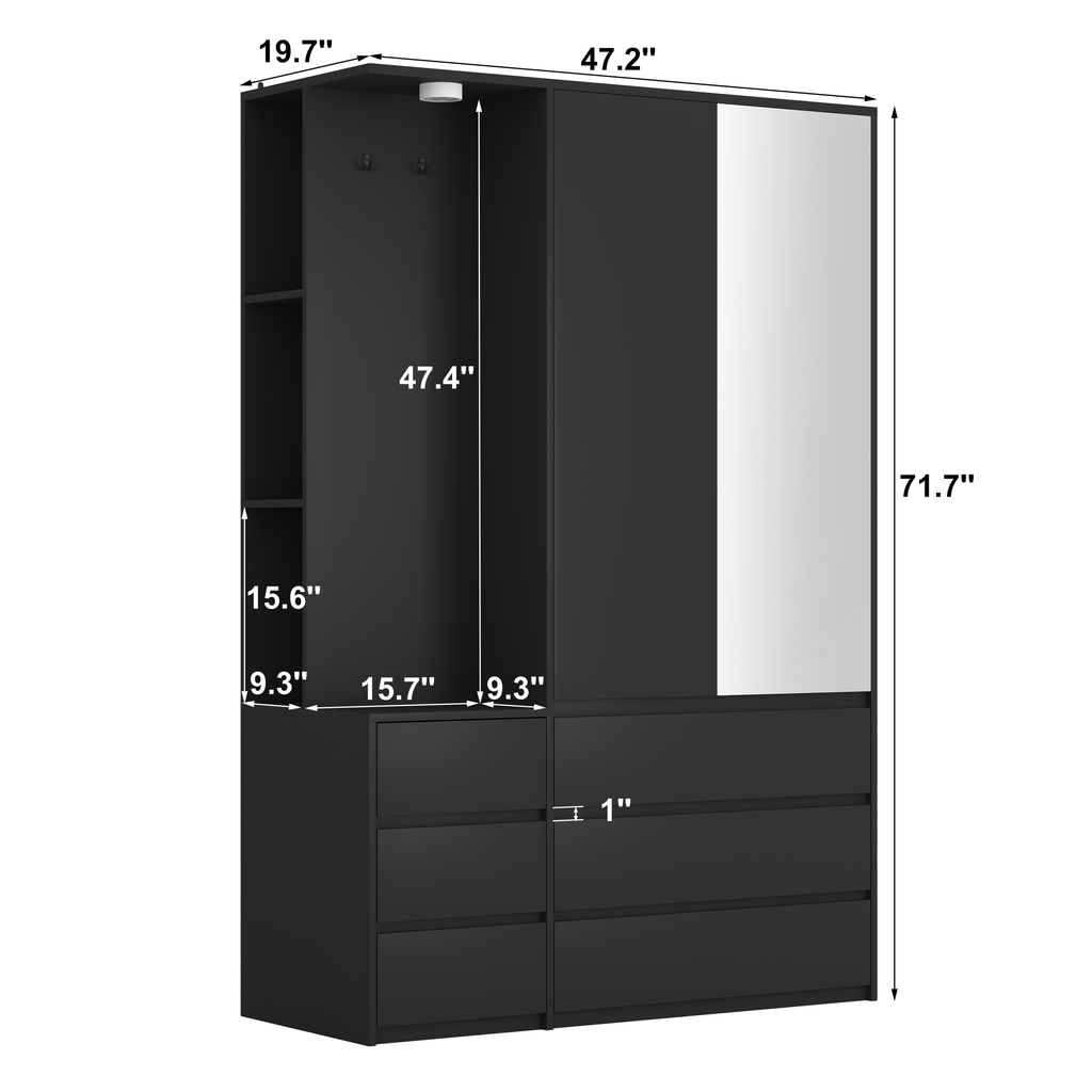 Wardrobe Closet 71.7' H, Bedroom Wooden Wardrobe with 2 Doors 6 Drawers, Modern Clothing Storage Cabinet Combination with Storage Shelves and Hanging Rail, Black - Grand Goldman Shop