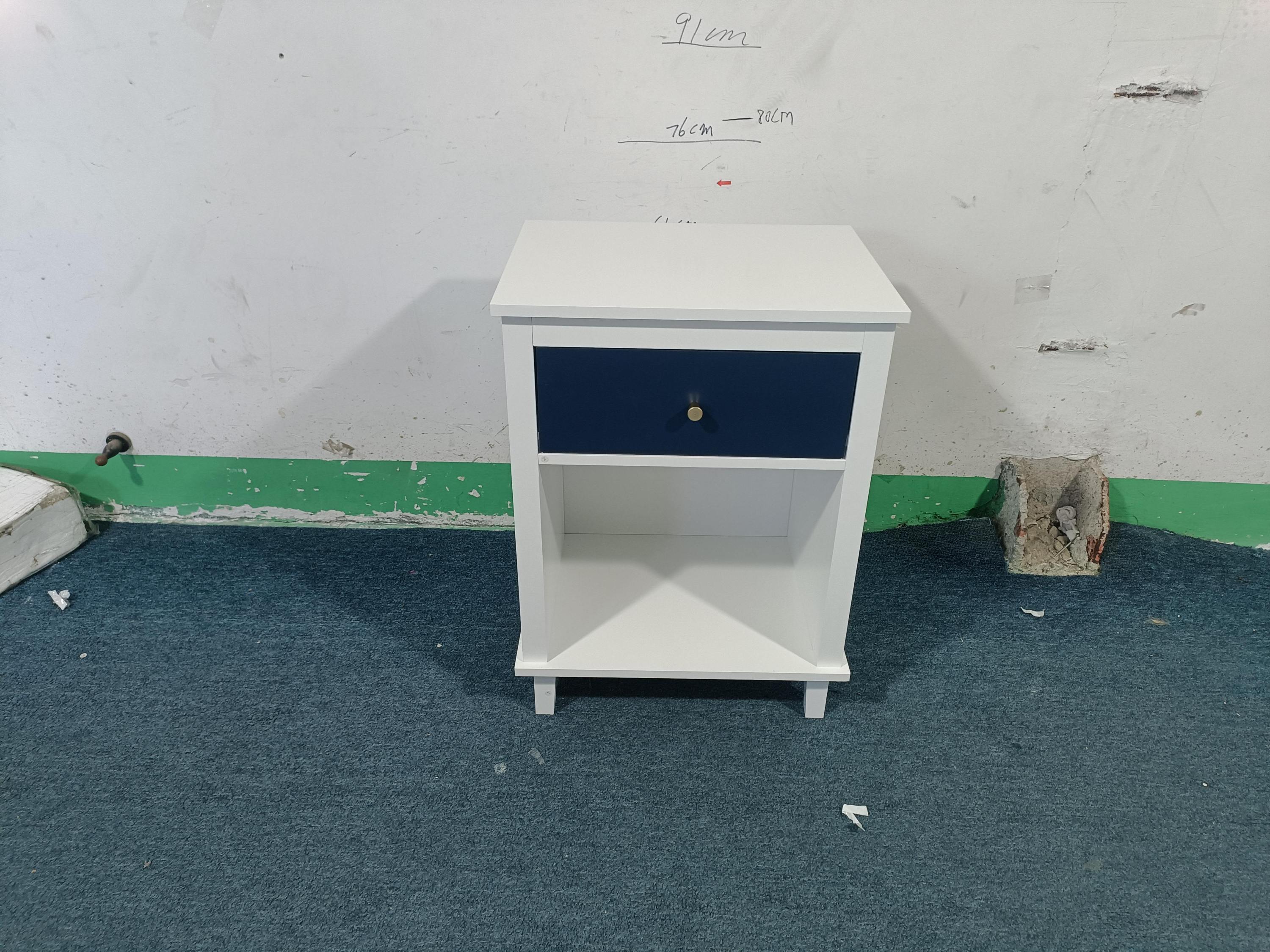 Navy+Golden Handle Wooden Nightstand with One Drawer One Shelf for Kids and Adults, White+Navy Finish, MDF Material, 26.77''H - Grand Goldman Shop