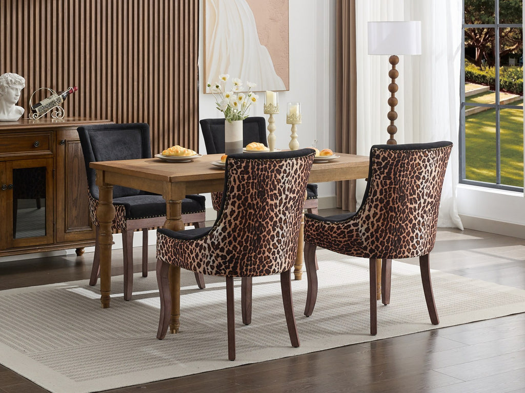 A&A Furniture,Ultra Side Dining Chair, Thickened fabric chairs with neutrally toned solid wood legs, Bronze nail head, Set of 2,Leopard Print - Grand Goldman Shop