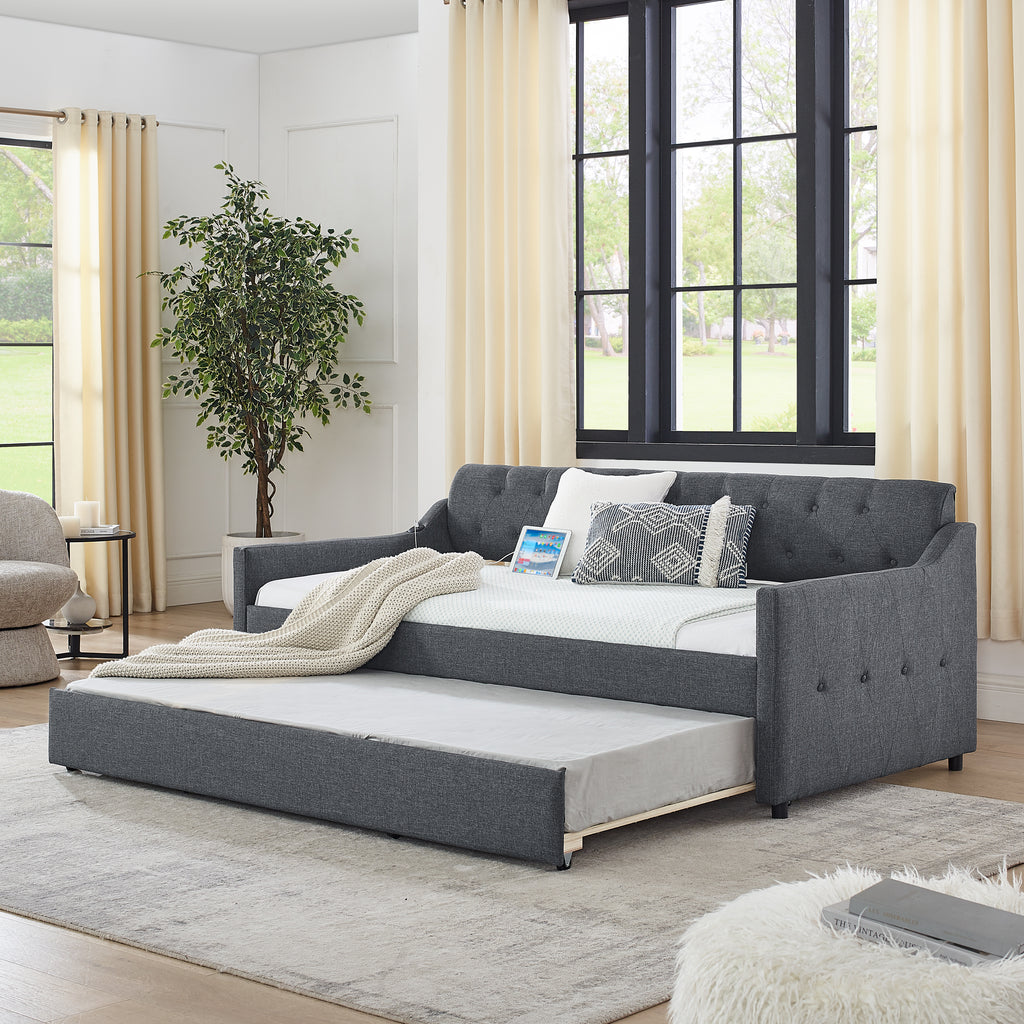 Twin Size Upholstered Daybed with Trundle and USB Charging, Dark Gray Linen - Grand Goldman Shop