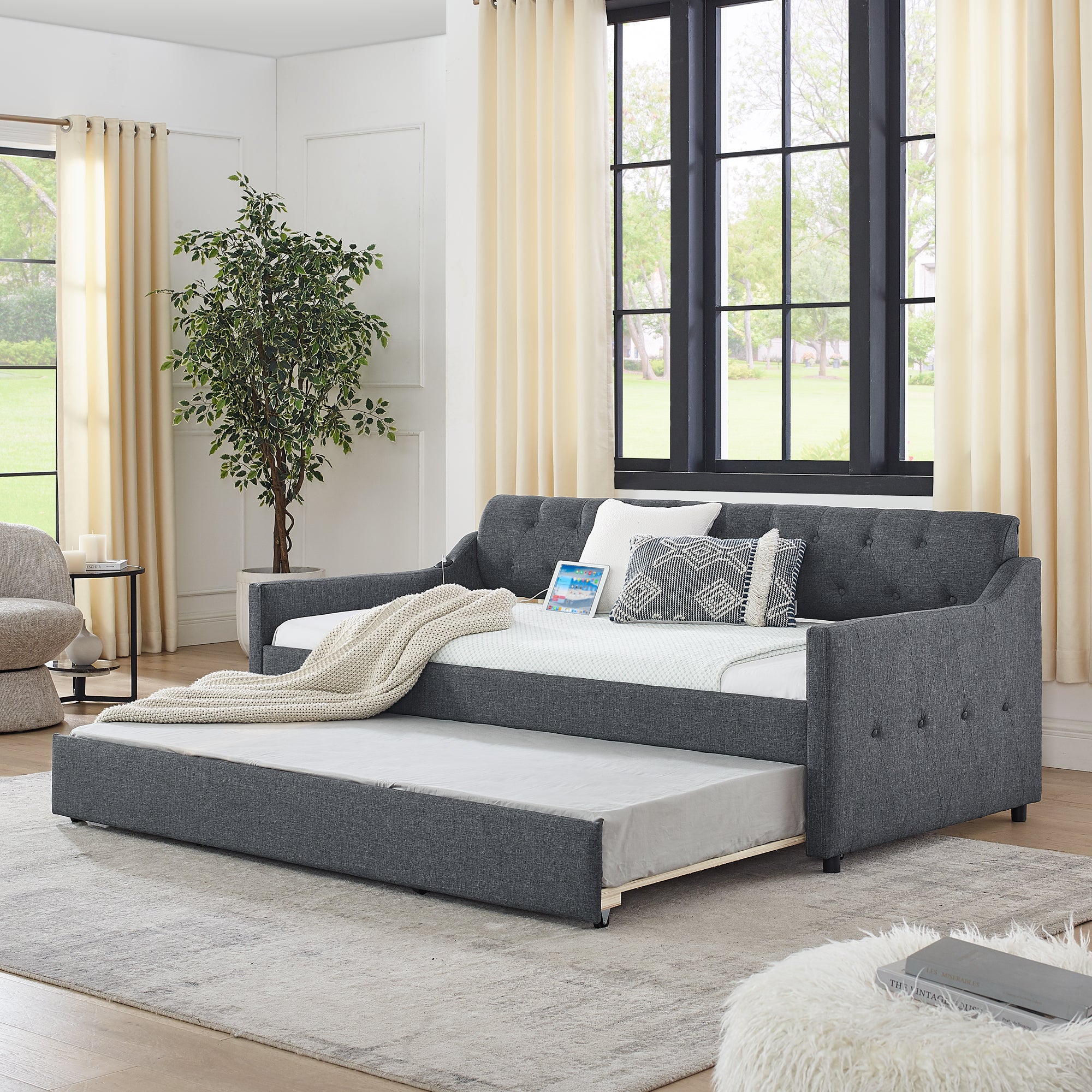 Twin Size Upholstered Daybed with Trundle and USB Charging, Dark Gray Linen - Grand Goldman Shop