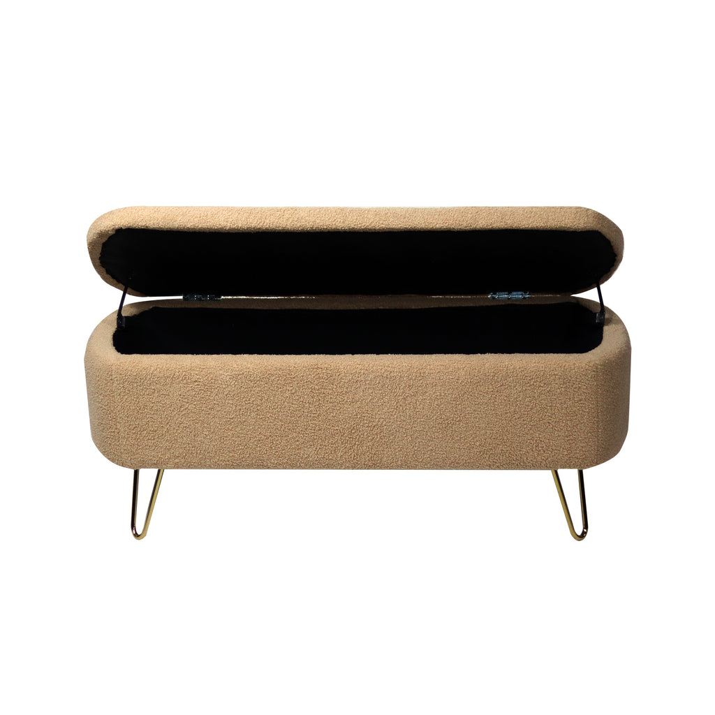 Camel Storage Ottoman Bench for End of Bed Gold Legs, Modern Camel Faux Fur Entryway Bench Upholstered Padded with Storage for Living Room Bedroom - Grand Goldman Shop