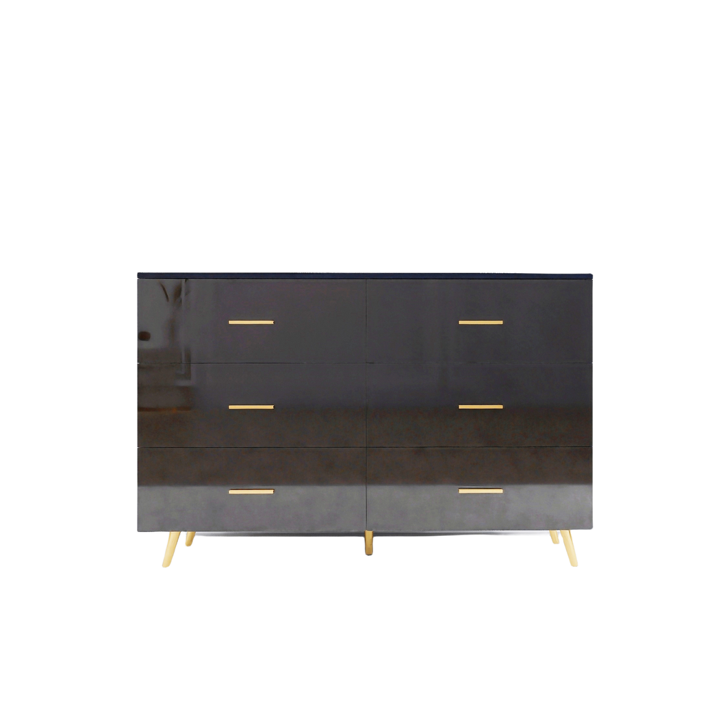 High Glossy Surface 6 Drawers Chest of Drawer with Golden Handle and Golden Steel Legs Black Color Vanity - Grand Goldman Shop