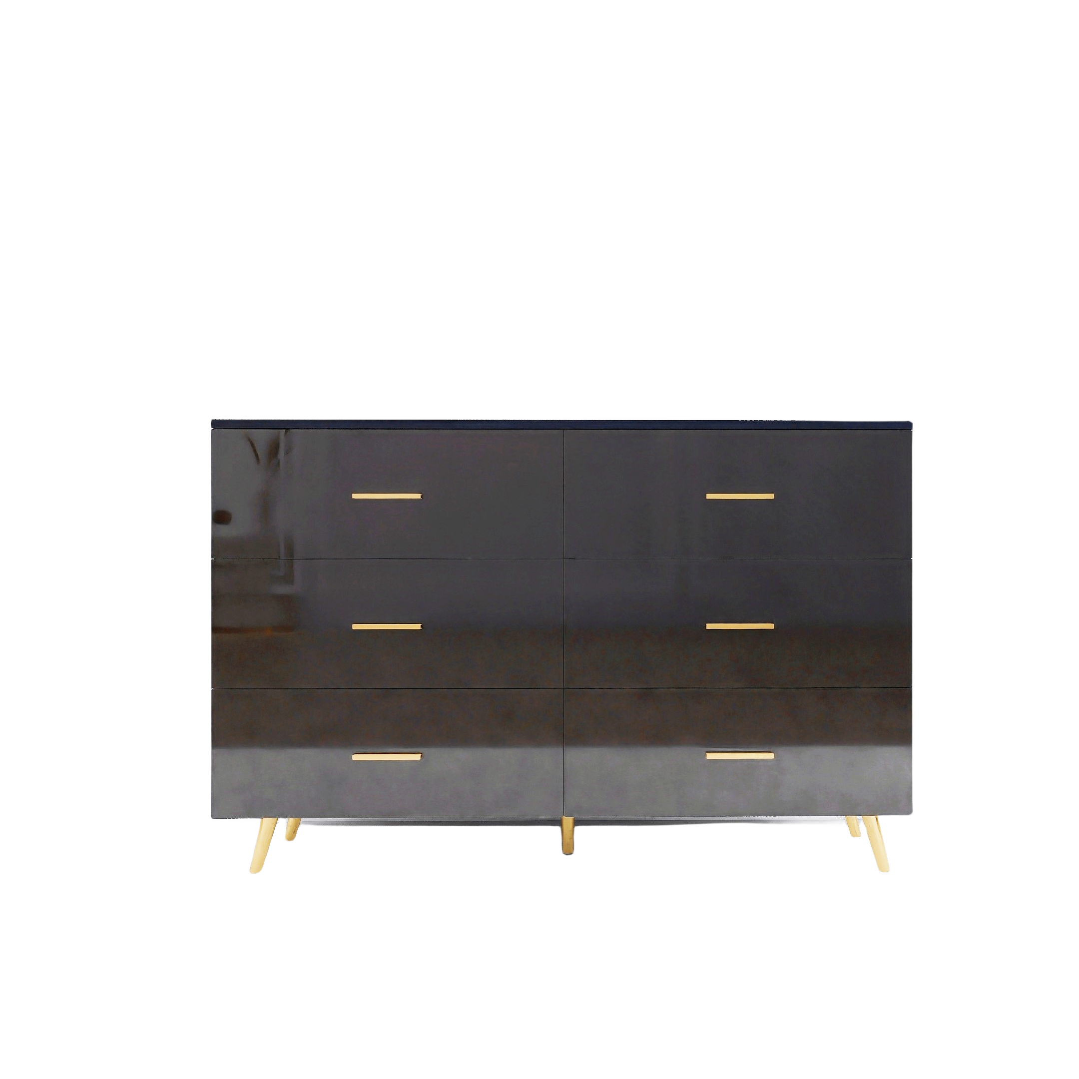 High Glossy Surface 6 Drawers Chest of Drawer with Golden Handle and Golden Steel Legs Black Color Vanity - Grand Goldman Shop